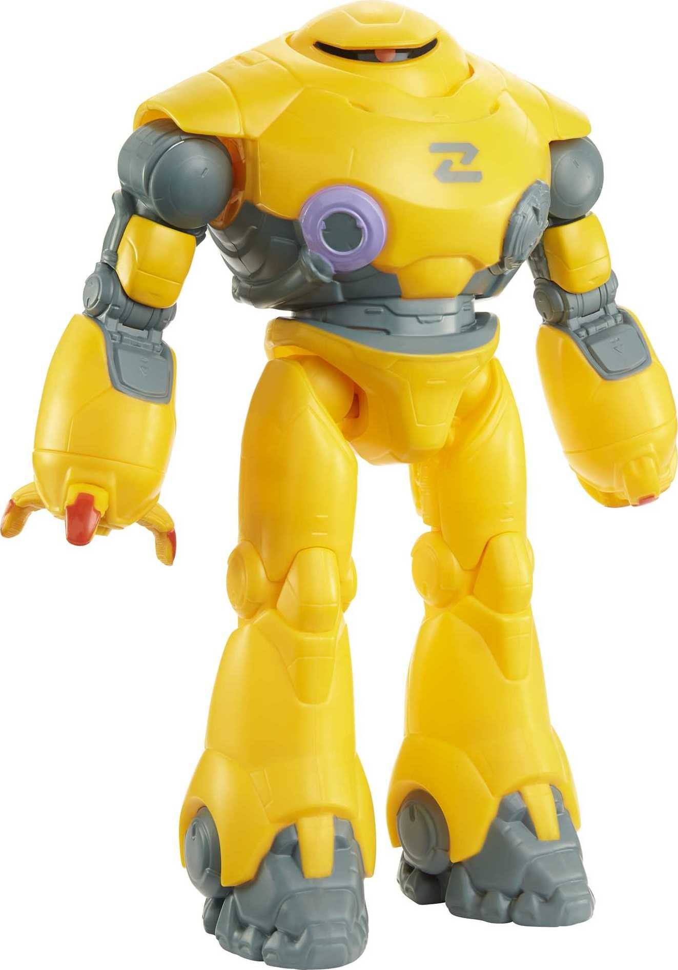 Robot giocattolo giallo con un petto circolare viola. Il robot è in piedi, rivolto in avanti.