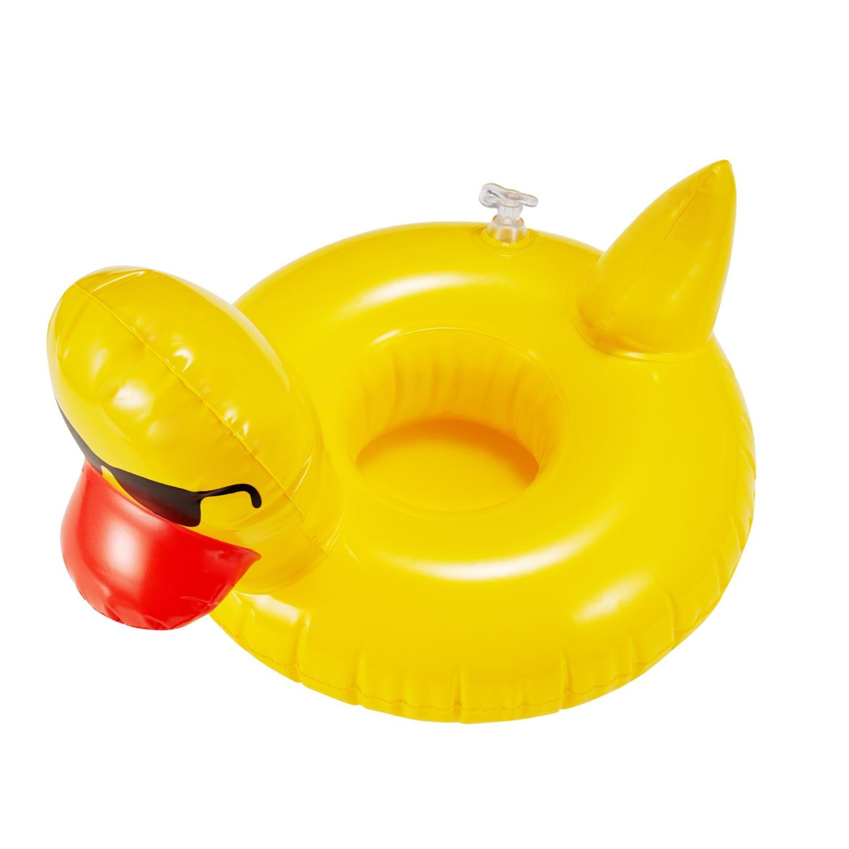 Galleggiante a forma di anatra gialla con occhiali da sole e becco rosso. Ha un portabevande.