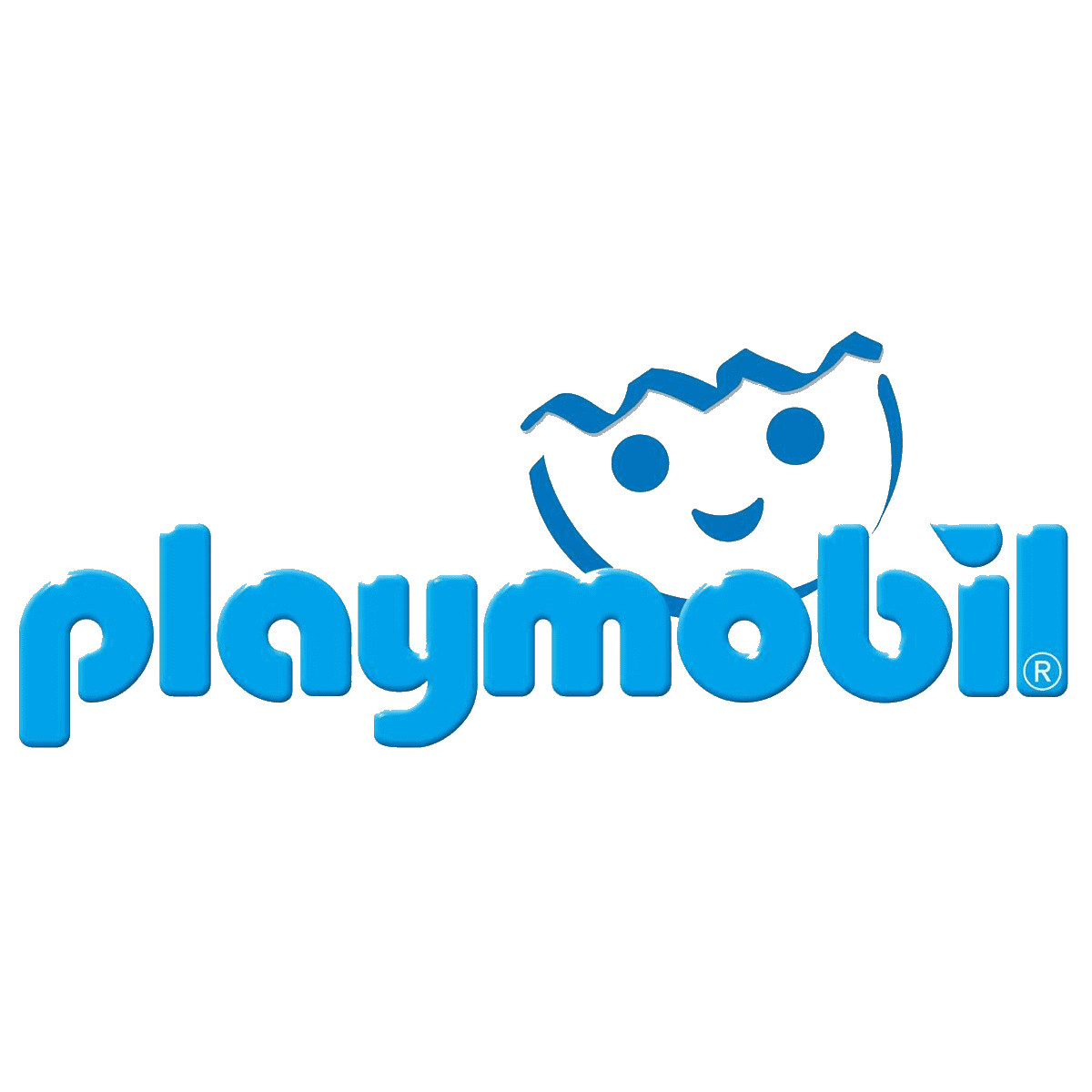 Logo Playmobil w kolorze niebiesko-białym. Pokazuje uśmiechniętą twarz wewnątrz rozbitego jaja.