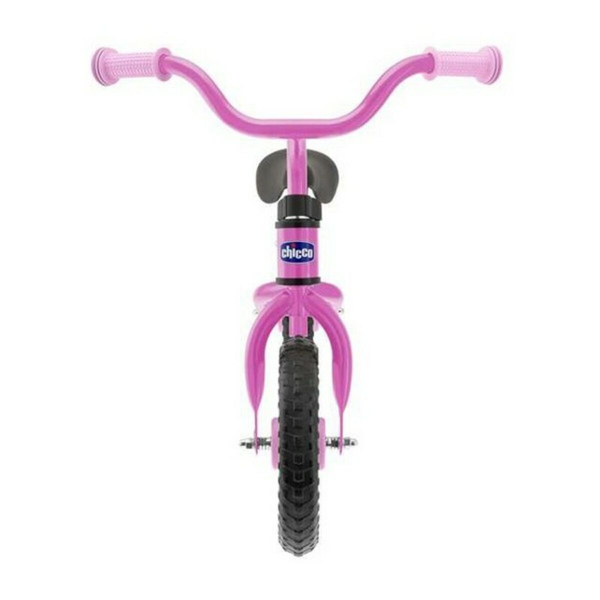 Bicicletta senza pedali rosa per bambini su sfondo bianco.