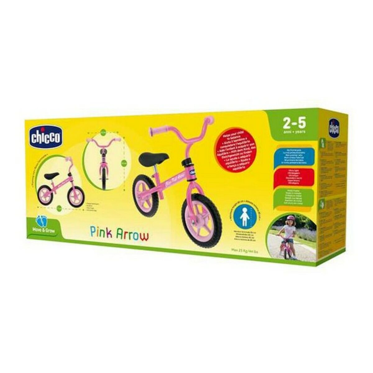 Scatola della bicicletta senza pedali rosa. Immagine della bici rosa e illustrazioni di un bambino in bicicletta.