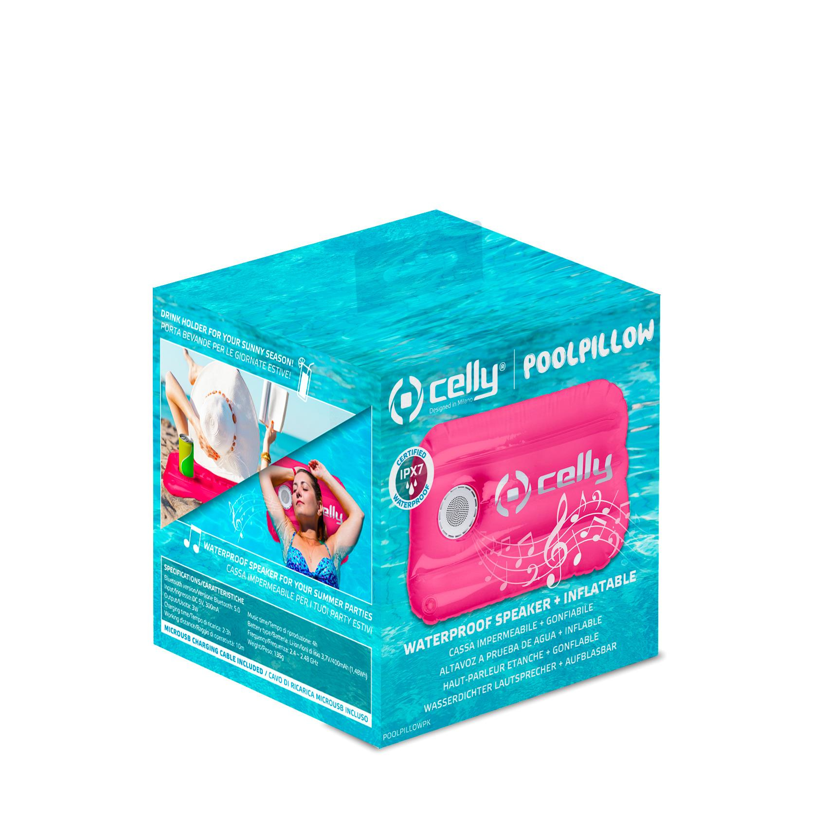 Pudełko z różowym nadmuchiwanym głośnikiem, tekstem i ilustracjami graficznymi.