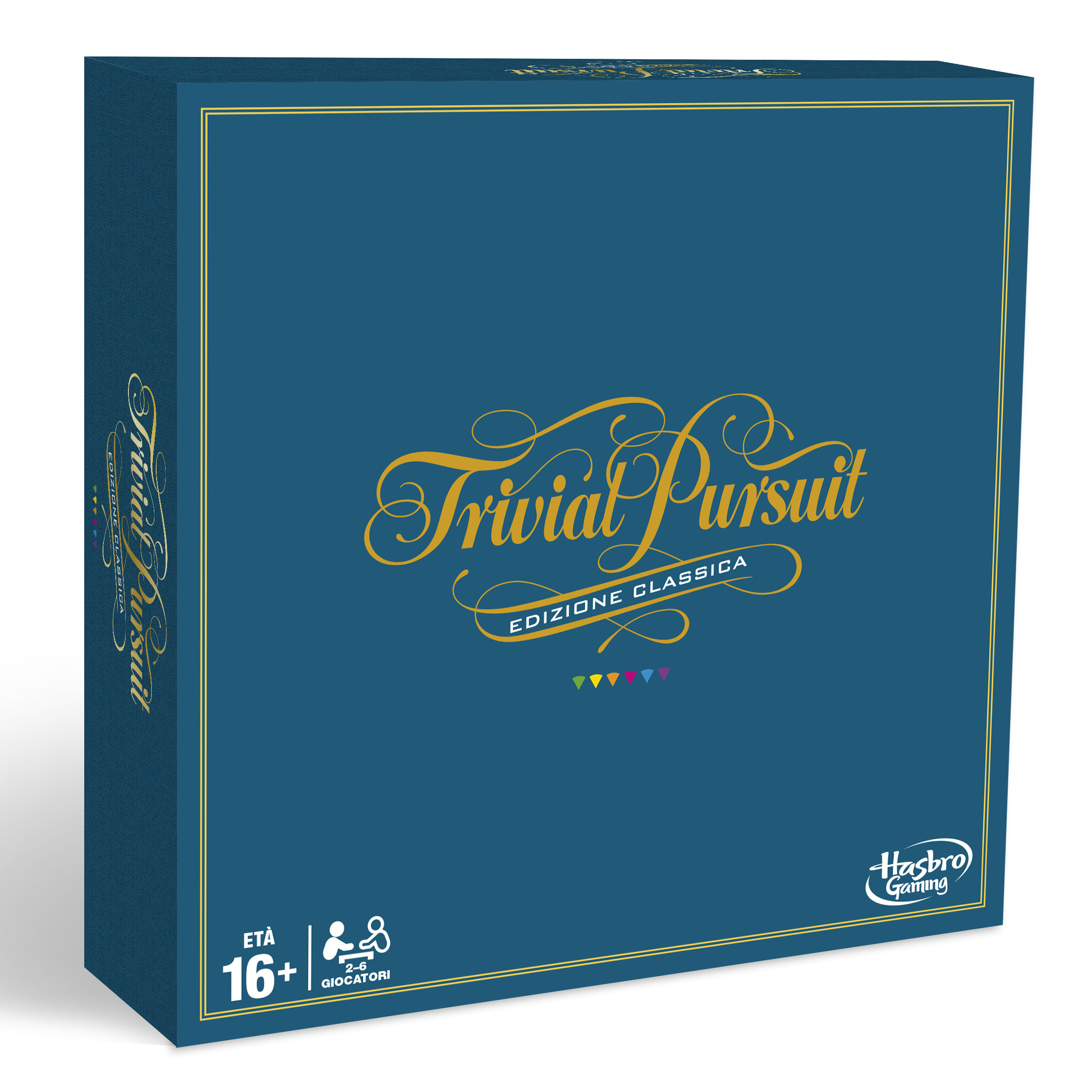 Pudełko gry Trivial Pursuit. Niebieskie ze złotym tekstem. Logo Hasbro Gaming. Widok z boku.
