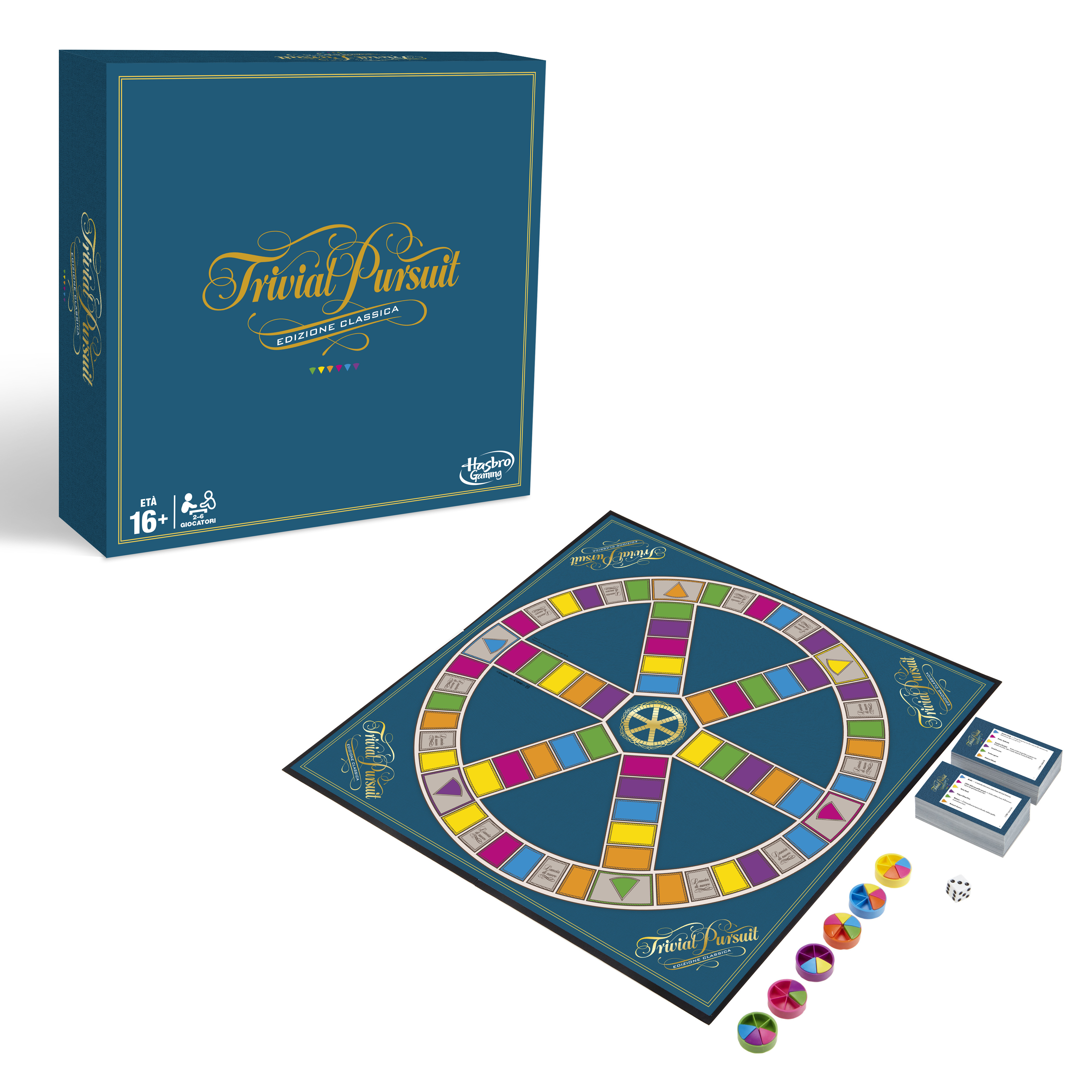 Zestaw gier Trivial Pursuit. Pudełko z planszą i kartami. Kości i żetony z boku.