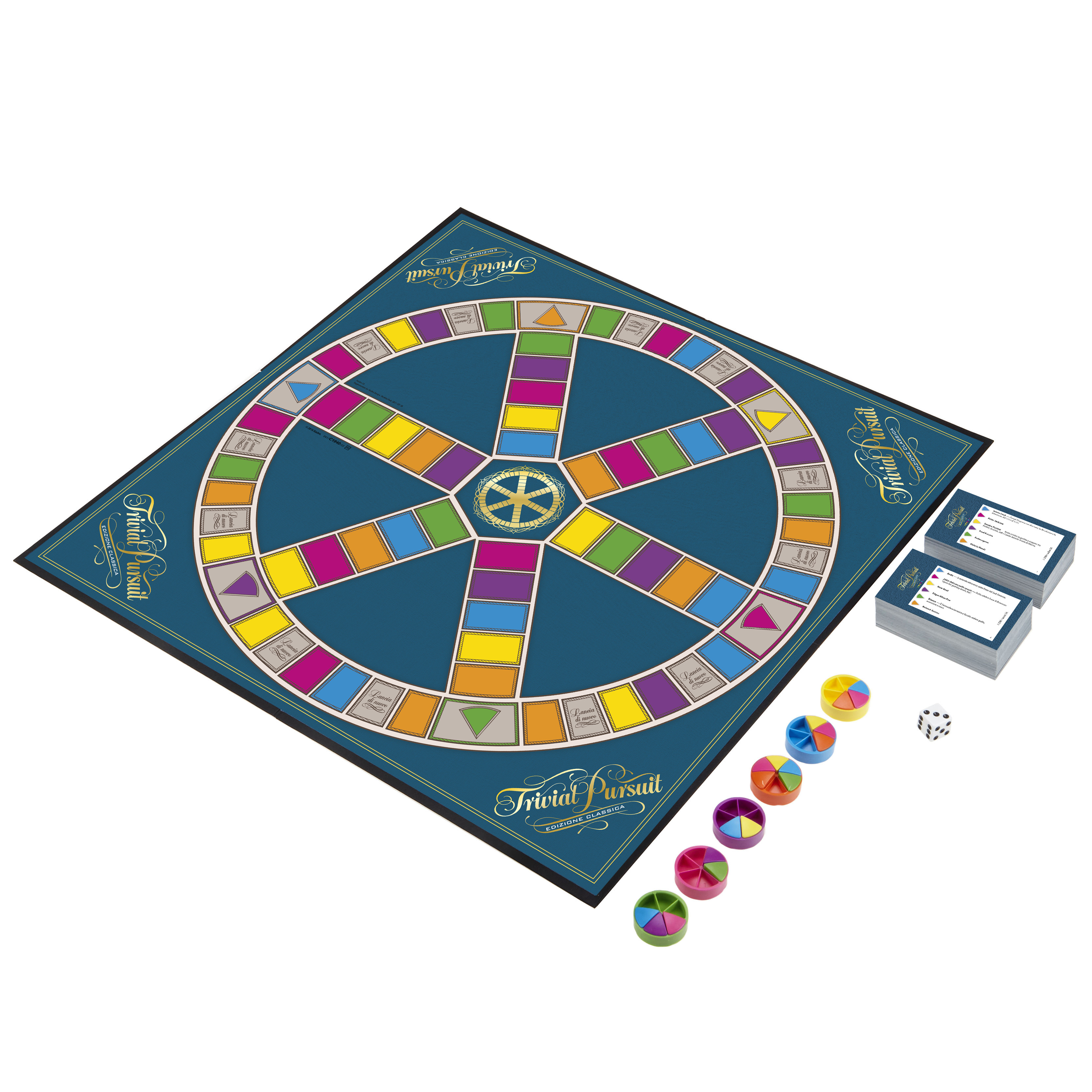 Plansza do gry Trivial Pursuit z kolorowymi sekcjami, kostką i pionkami. Obecne są również karty.