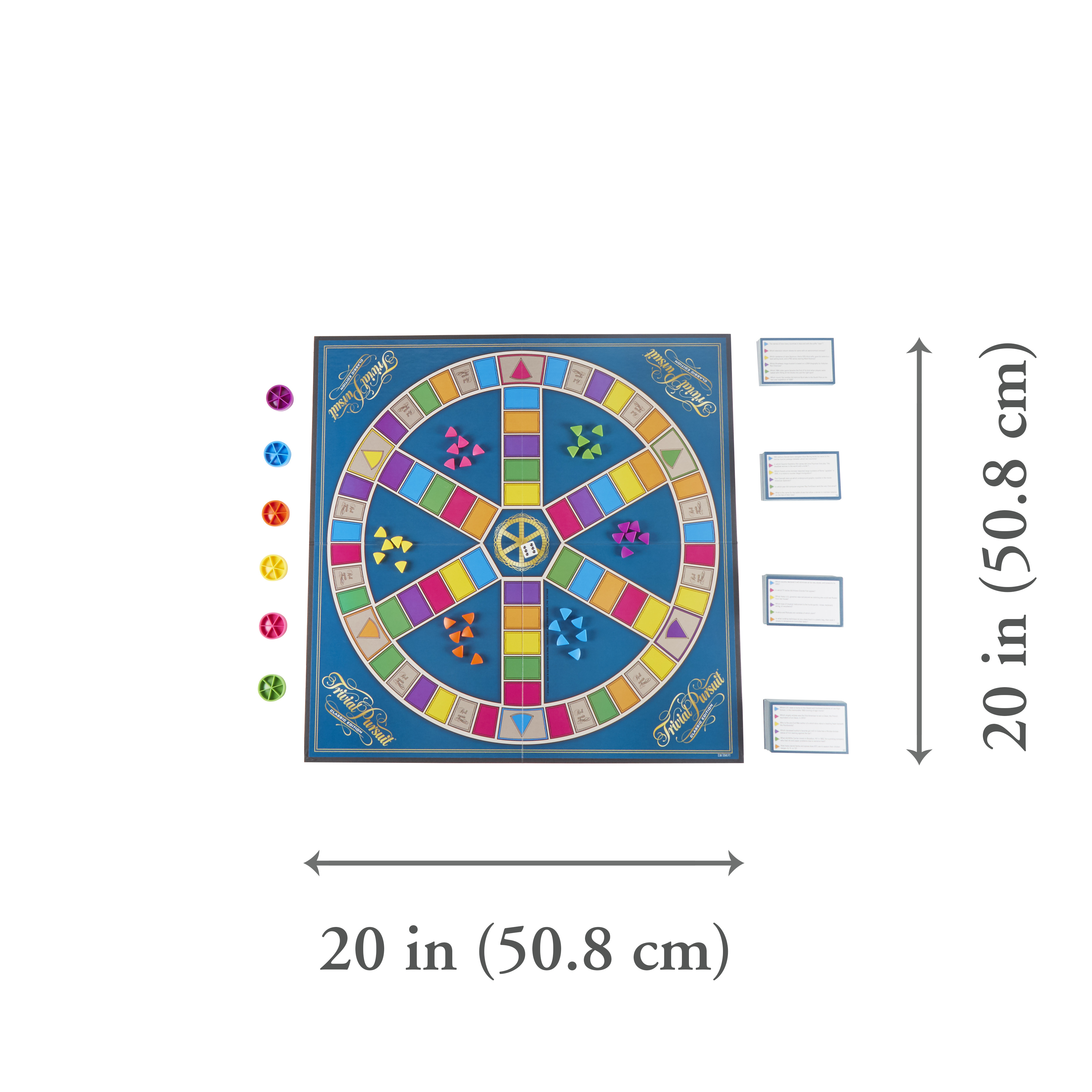 Gra planszowa Trivial Pursuit ustawiona. Plansza jest niebieska, widoczne są karty i elementy gry.