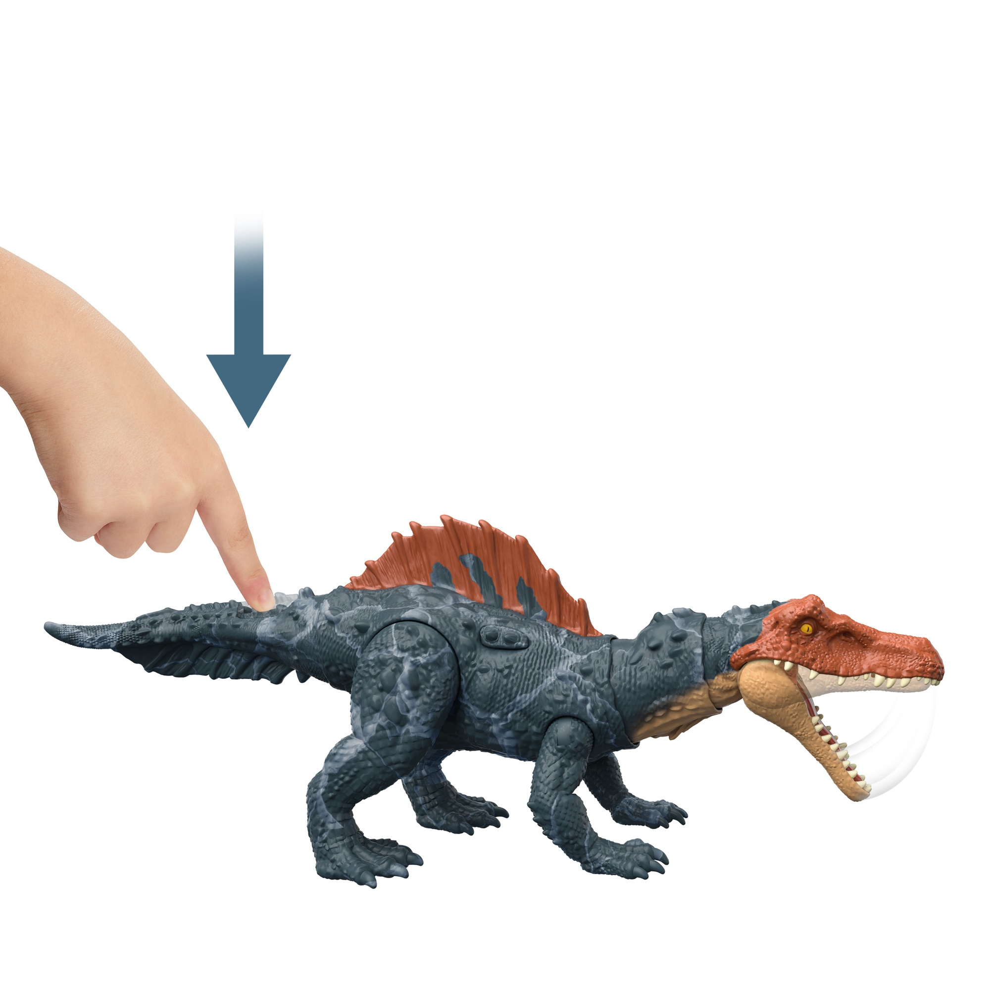 Mano che indica un giocattolo di dinosauro grigio e arancione.