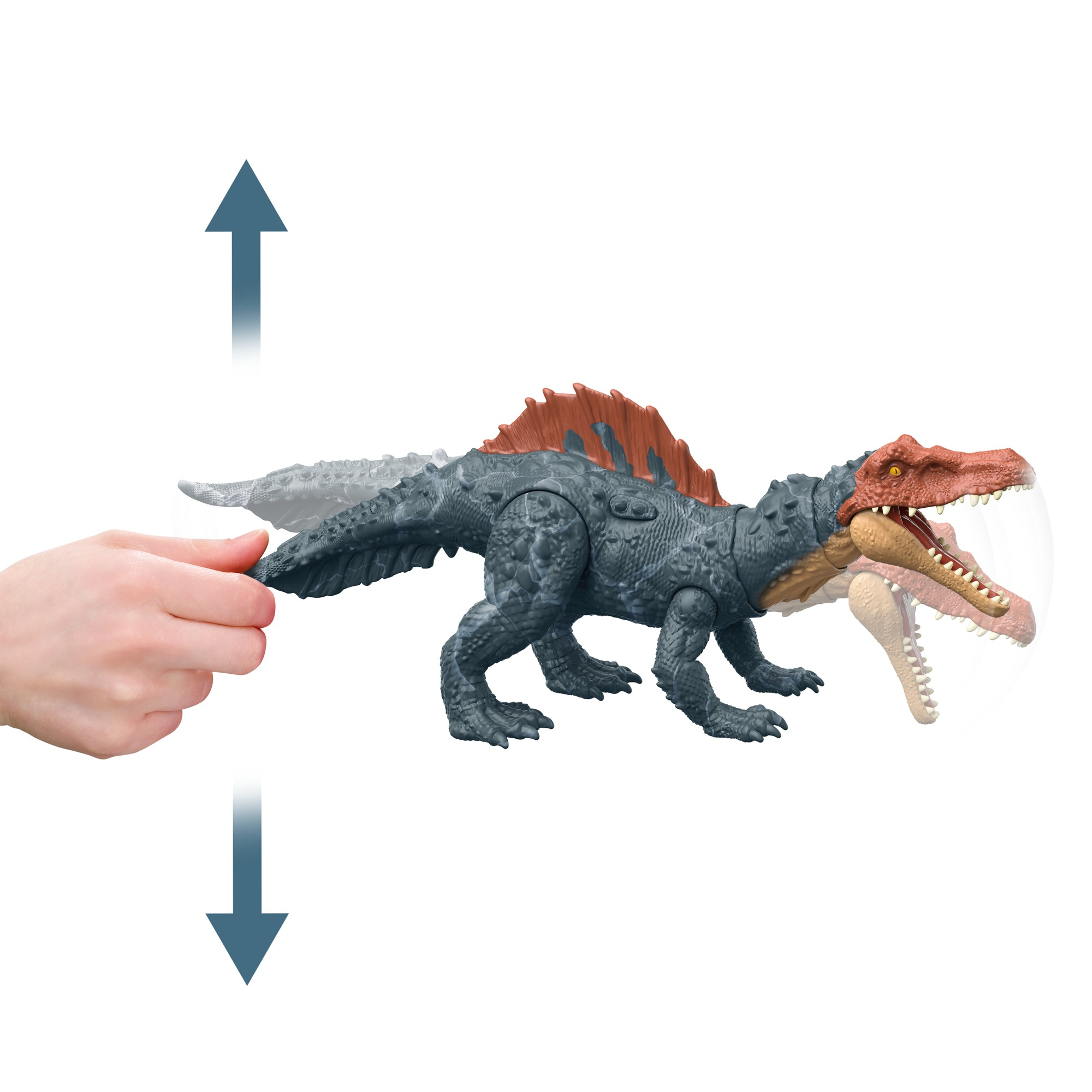 Un giocattolo di dinosauro con mascella mobile, mostrato con frecce che indicano il movimento.