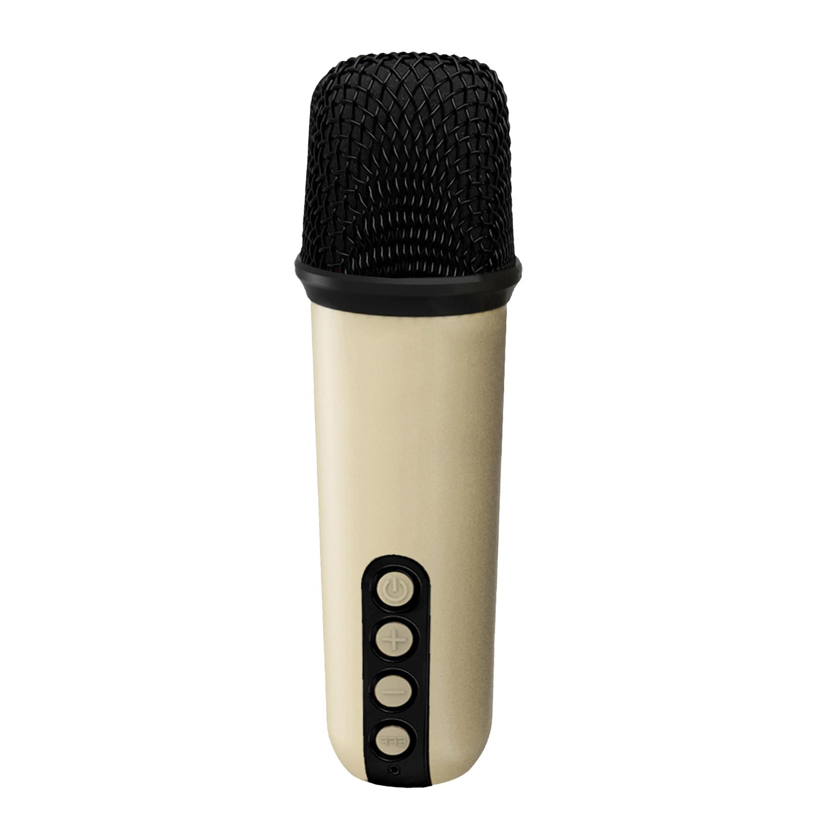 Un microfono beige con un top in rete nera e pulsanti sulla parte anteriore. Il microfono è su sfondo bianco.