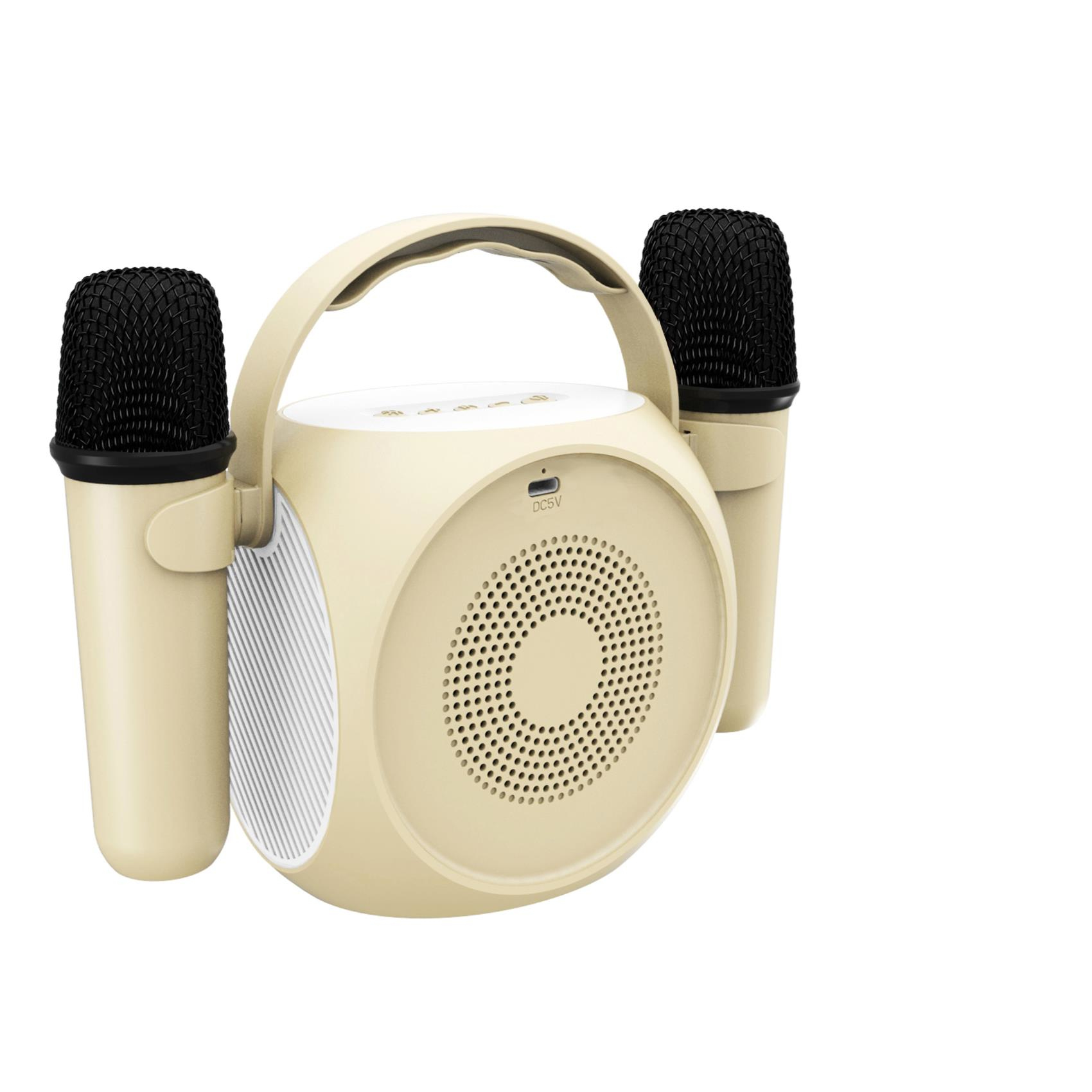 Altoparlante con due microfoni, colore beige.