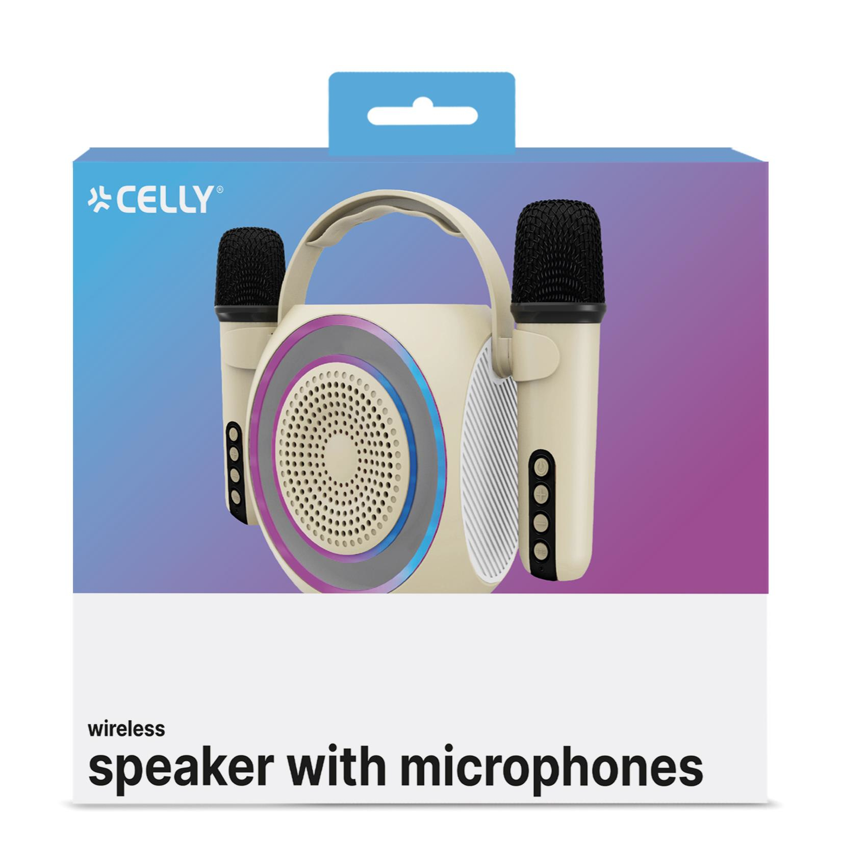 Un altoparlante con due microfoni in una scatola. La scatola è etichettata 'altoparlante wireless con microfoni'.