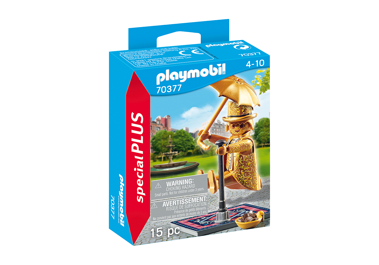Playmobil box with a golden figure and a park background.