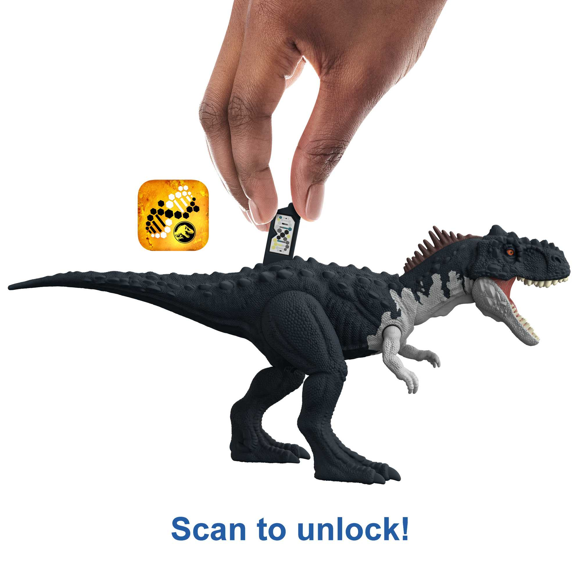 Giocattolo dinosauro con mano che tiene una carta. Testo: Scansiona per sbloccare!