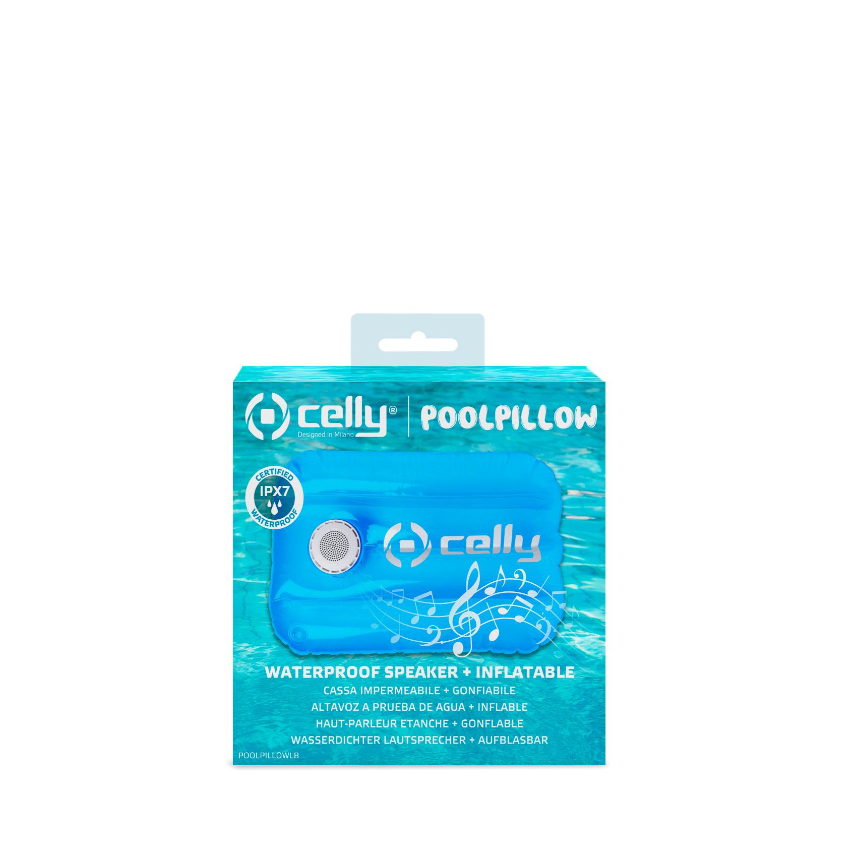 Un altoparlante impermeabile blu e bianco nella sua confezione. Il testo sulla parte anteriore recita 'WATERPROOF SPEAKER + INFLATABLE'.