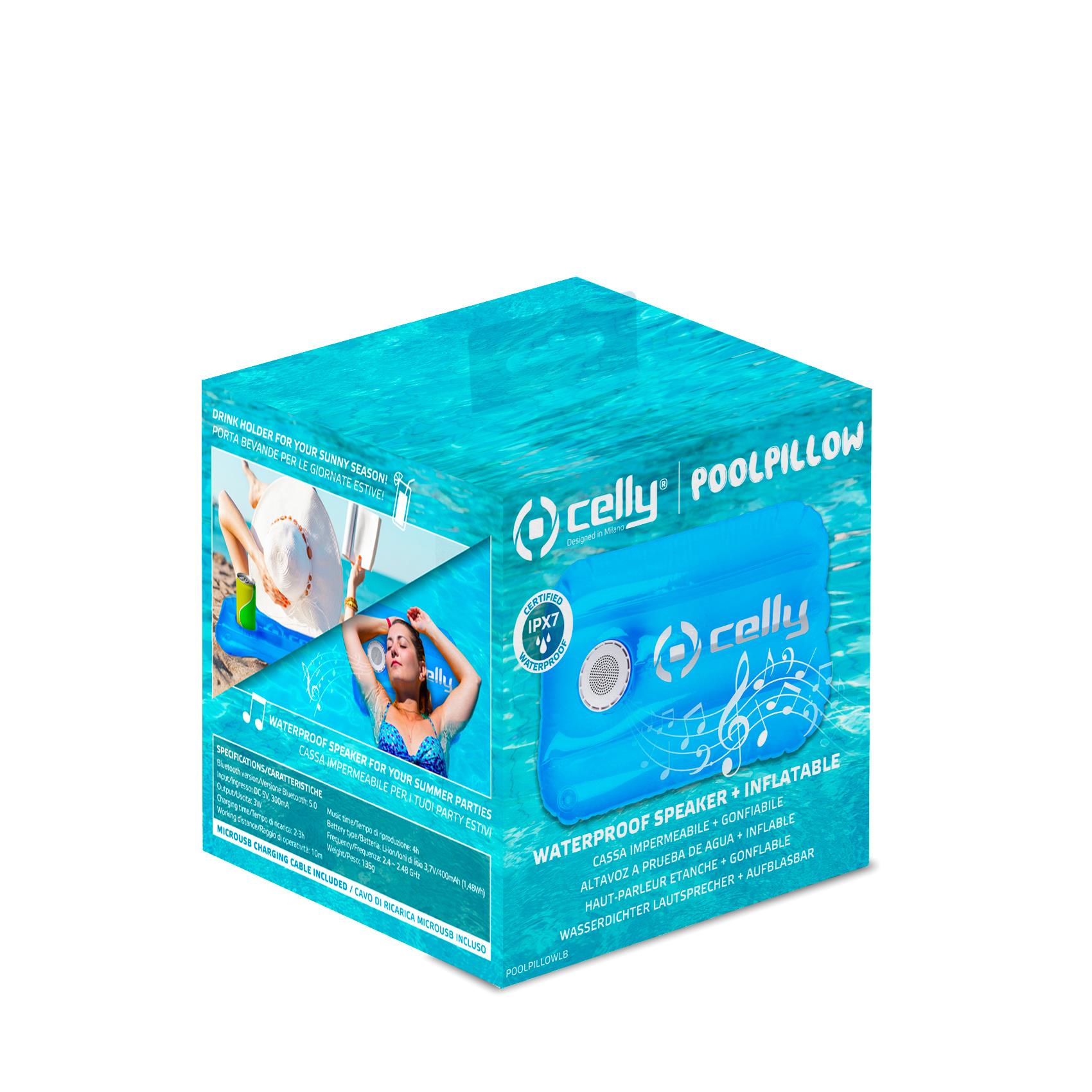 Cuscino gonfiabile blu per piscina su una scatola. Testo: Celly Poolpillow.