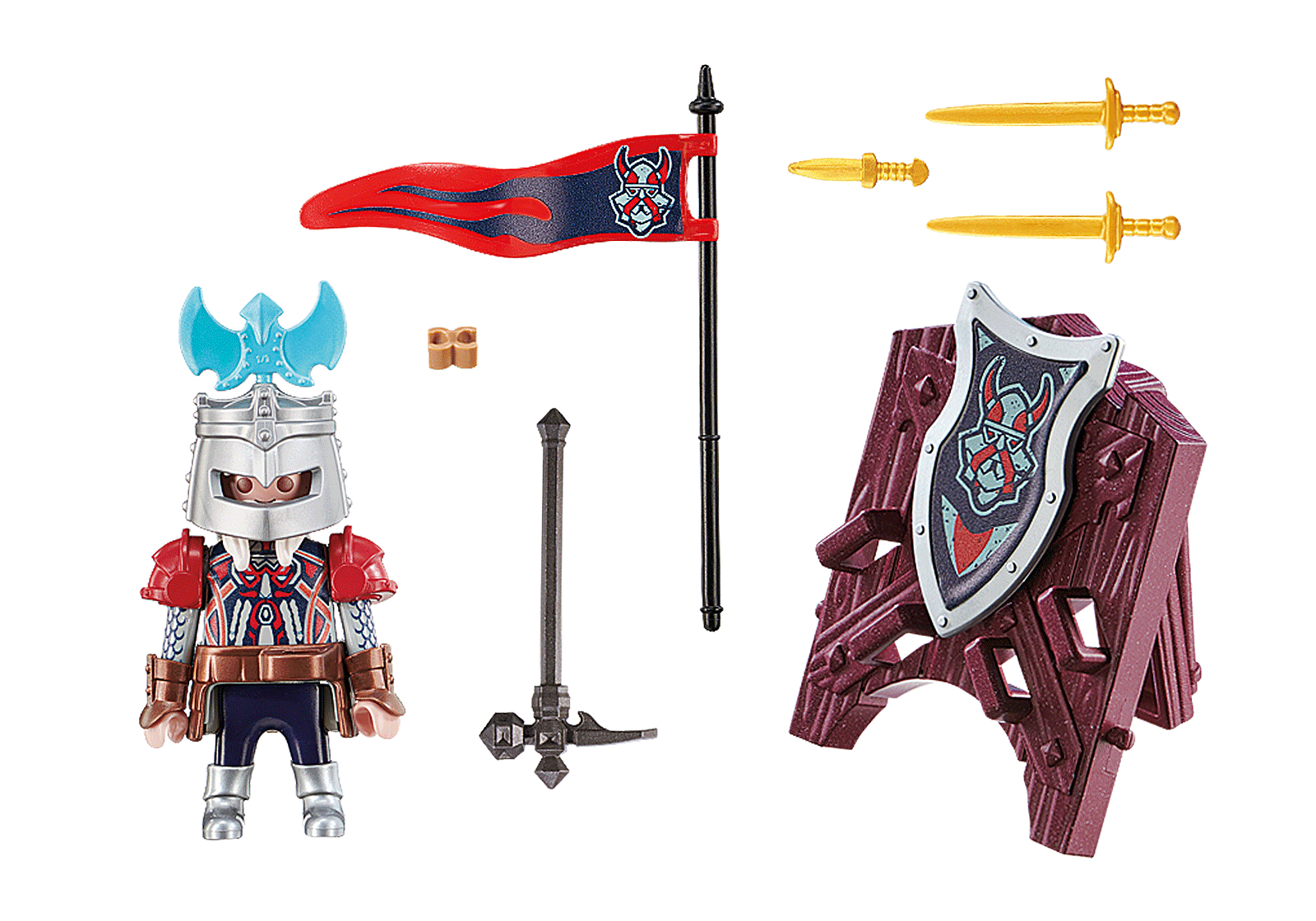 A knight toy with armor and accessories. There is a flag, shield, swords, and hammer. White background.