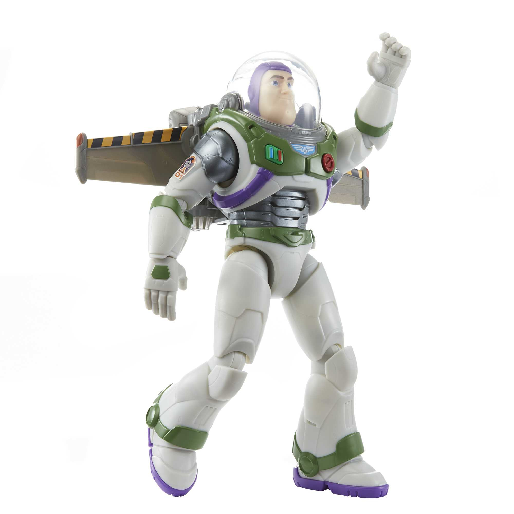 Action figure di Buzz Lightyear in tuta bianca con striscia verde e viola, ali e braccio alzato.