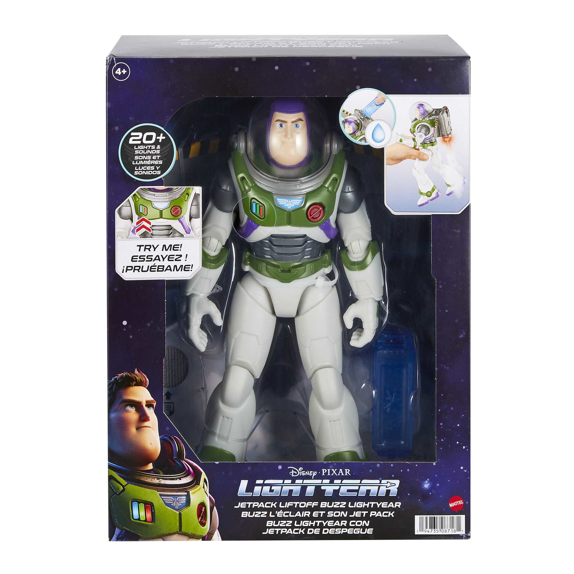 Action figure di Buzz Lightyear in scatola. Testo: Luci e suoni.