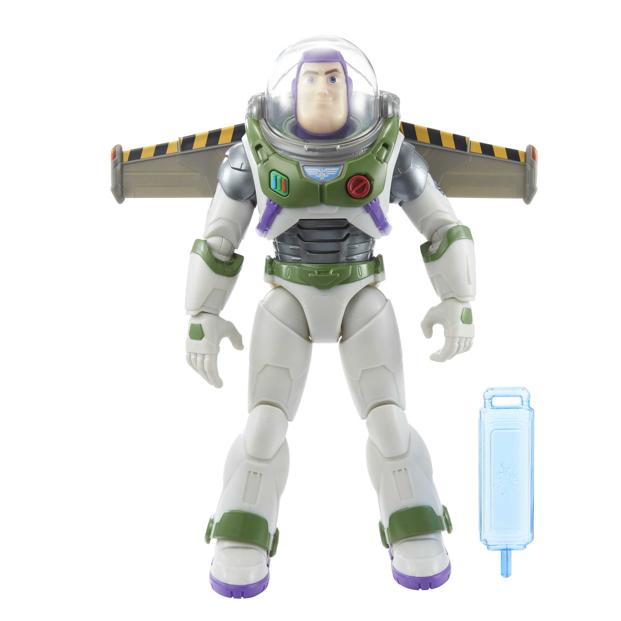 Action figure di Buzz Lightyear con ali estese e un accessorio blu.