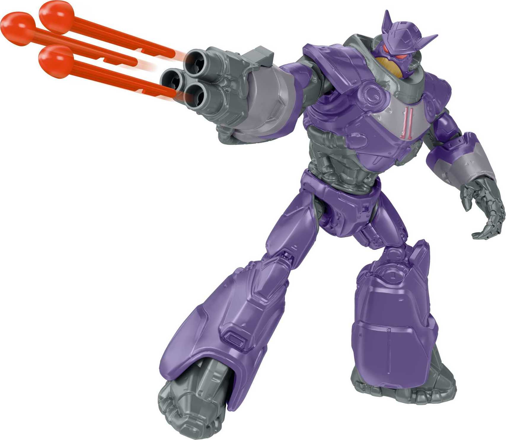 Giocattolo robot viola con laser rossi. Puntato in avanti.
