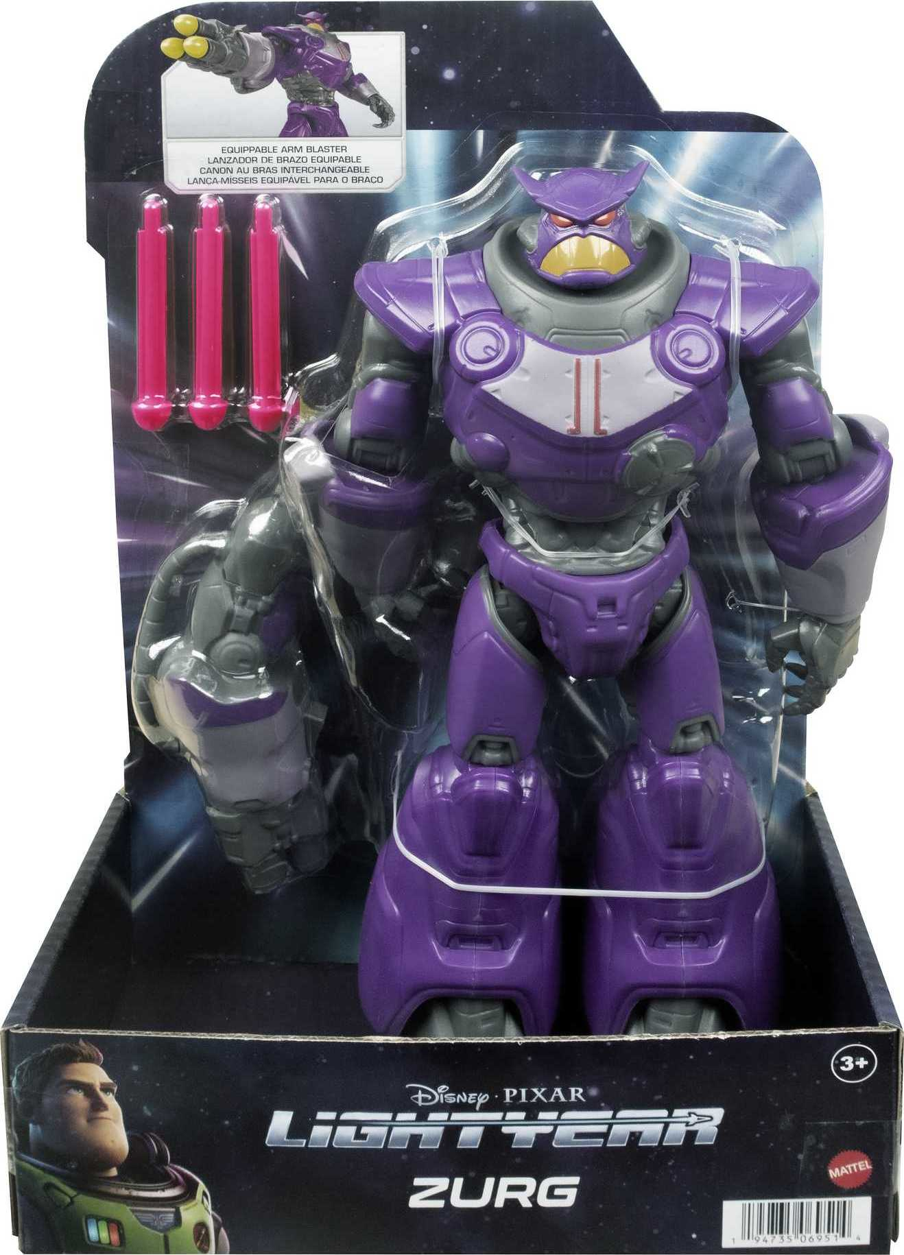 Action figure di Zurg con pistola e proiettili in una scatola.