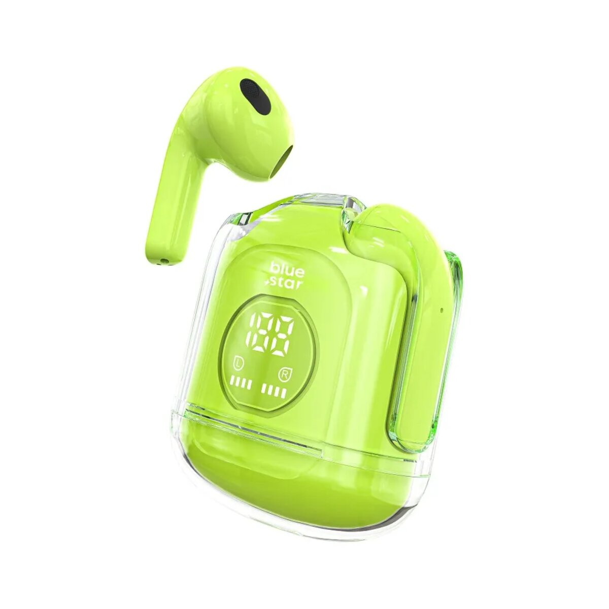 Écouteurs sans fil vert citron avec étui de chargement sur fond blanc.
