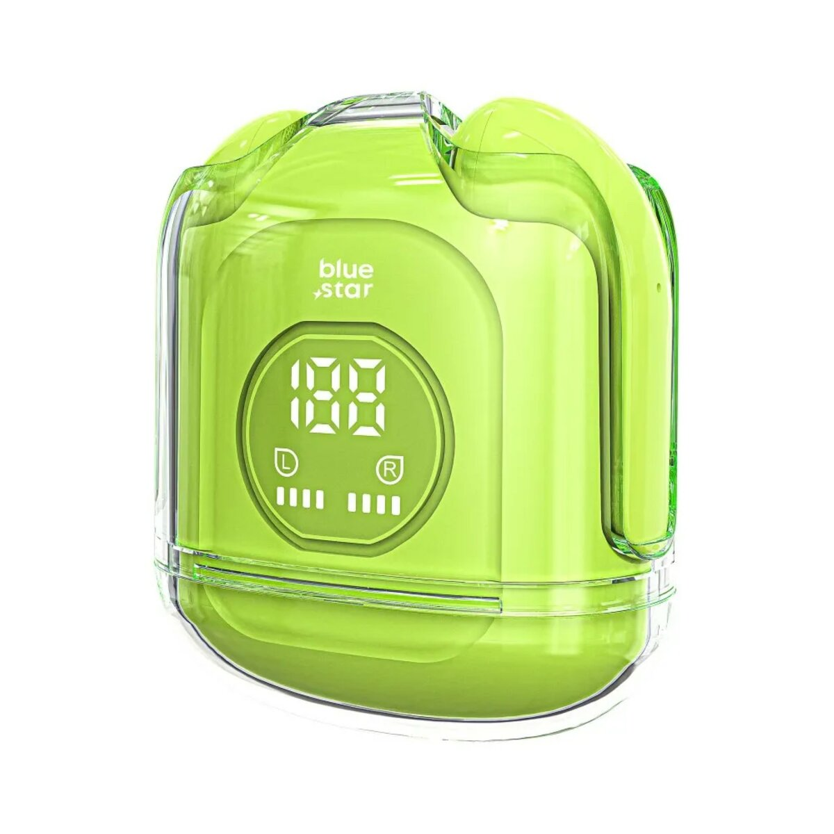 Boîtier de charge vert citron avec affichage numérique, couvercle transparent, fond blanc.