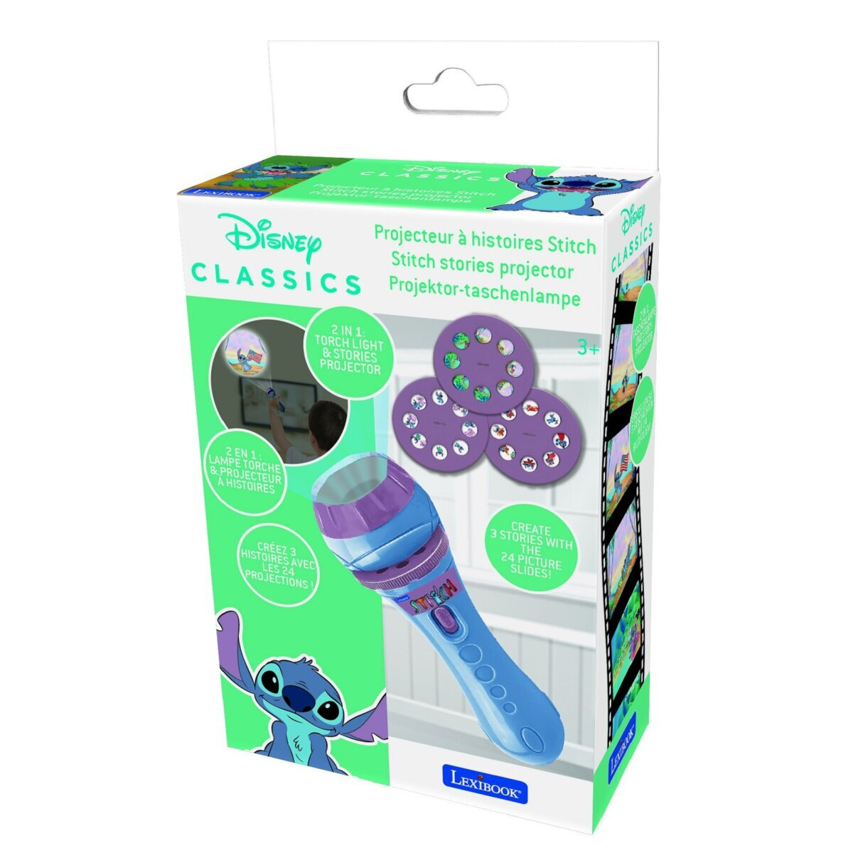 Zabawka projektor Disney Classics Stitch w pudełku, białe tło.