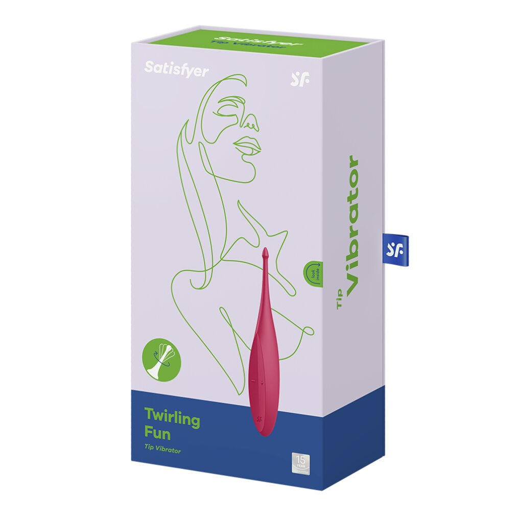 Biało-czerwone pudełko z rysunkiem kobiety. Na pudełku napis "Twirling Fun Tip Vibrator".