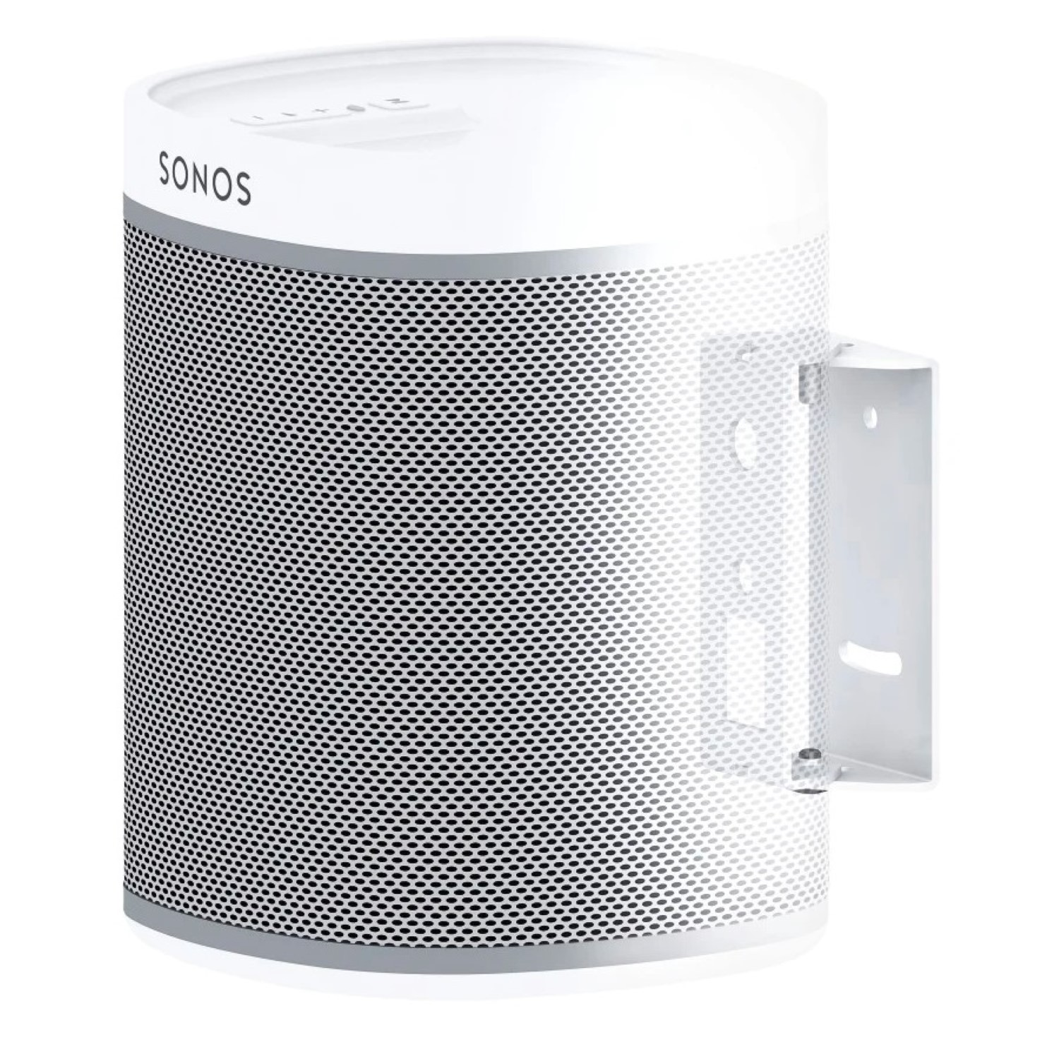 Weißer Lautsprecher mit Metallhalterung auf weißem Hintergrund, mit dem Wort Sonos.