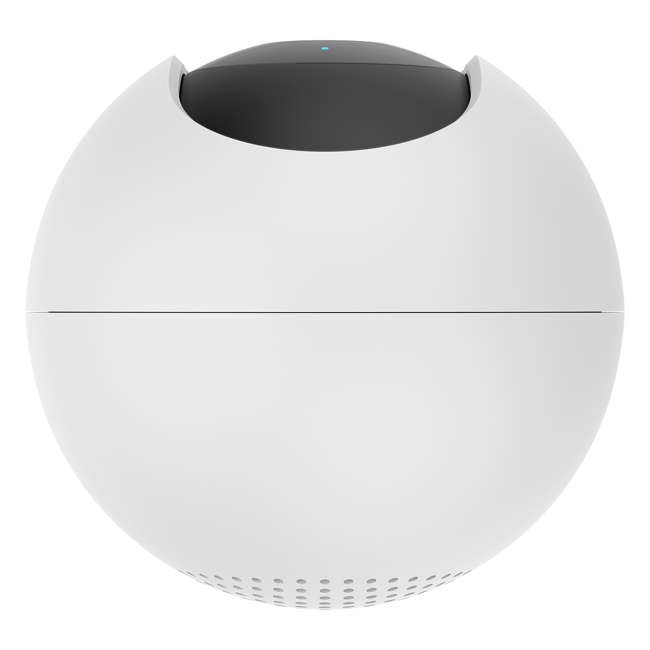 Białe, sferyczne urządzenie z ciemną górą i podstawą, z niebieskim światłem.