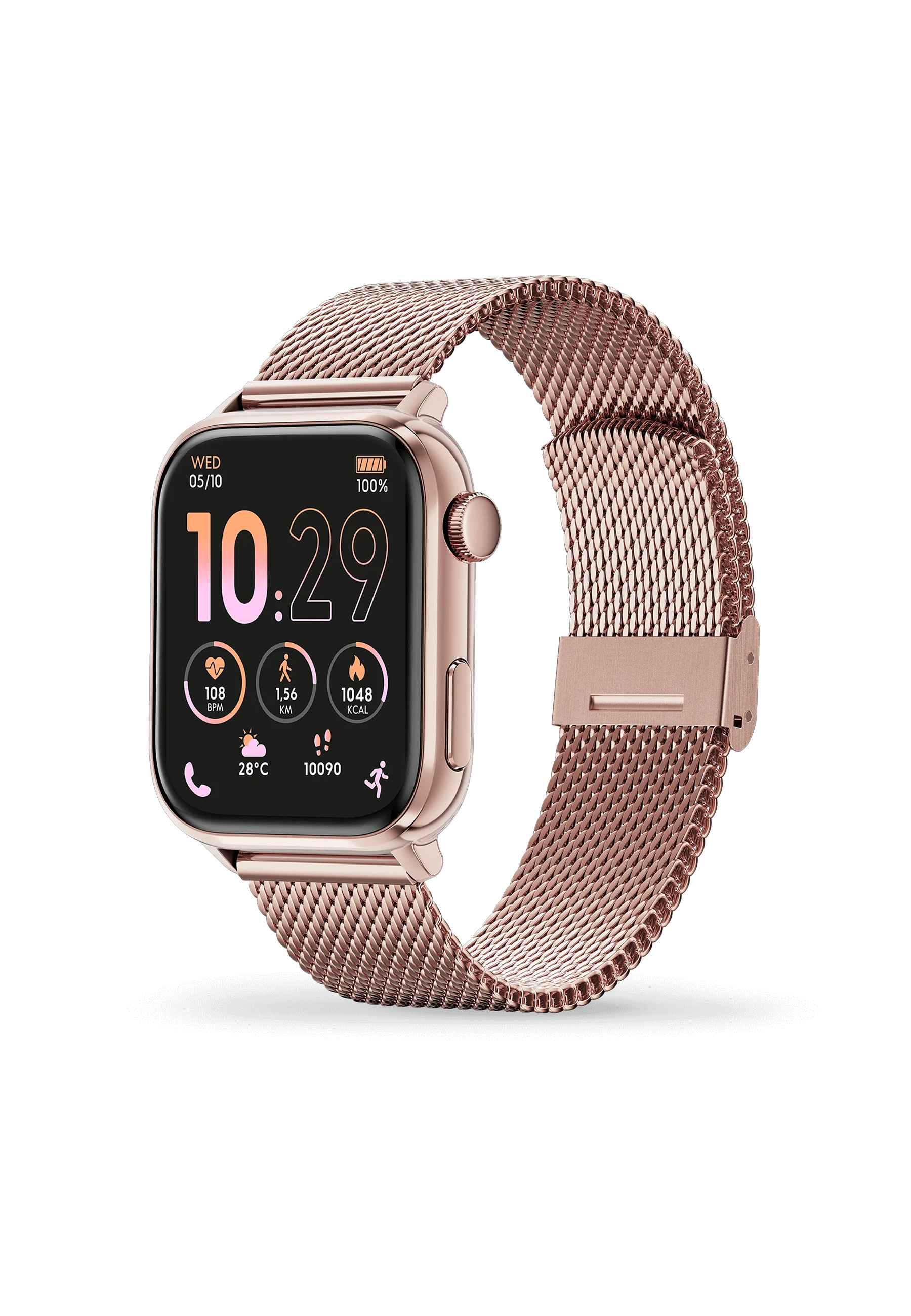 Eine weiße und rosa Smartwatch mit Mesh-Armband, zeigt Daten auf dem Bildschirm.