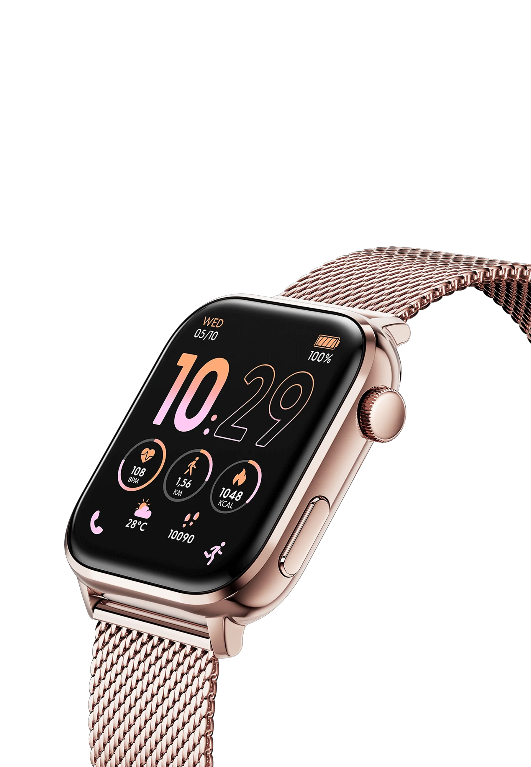 Roségoldene Smartwatch an einem Mesh-Armband, zeigt Zeit, Herzfrequenz und Aktivitätsdaten.