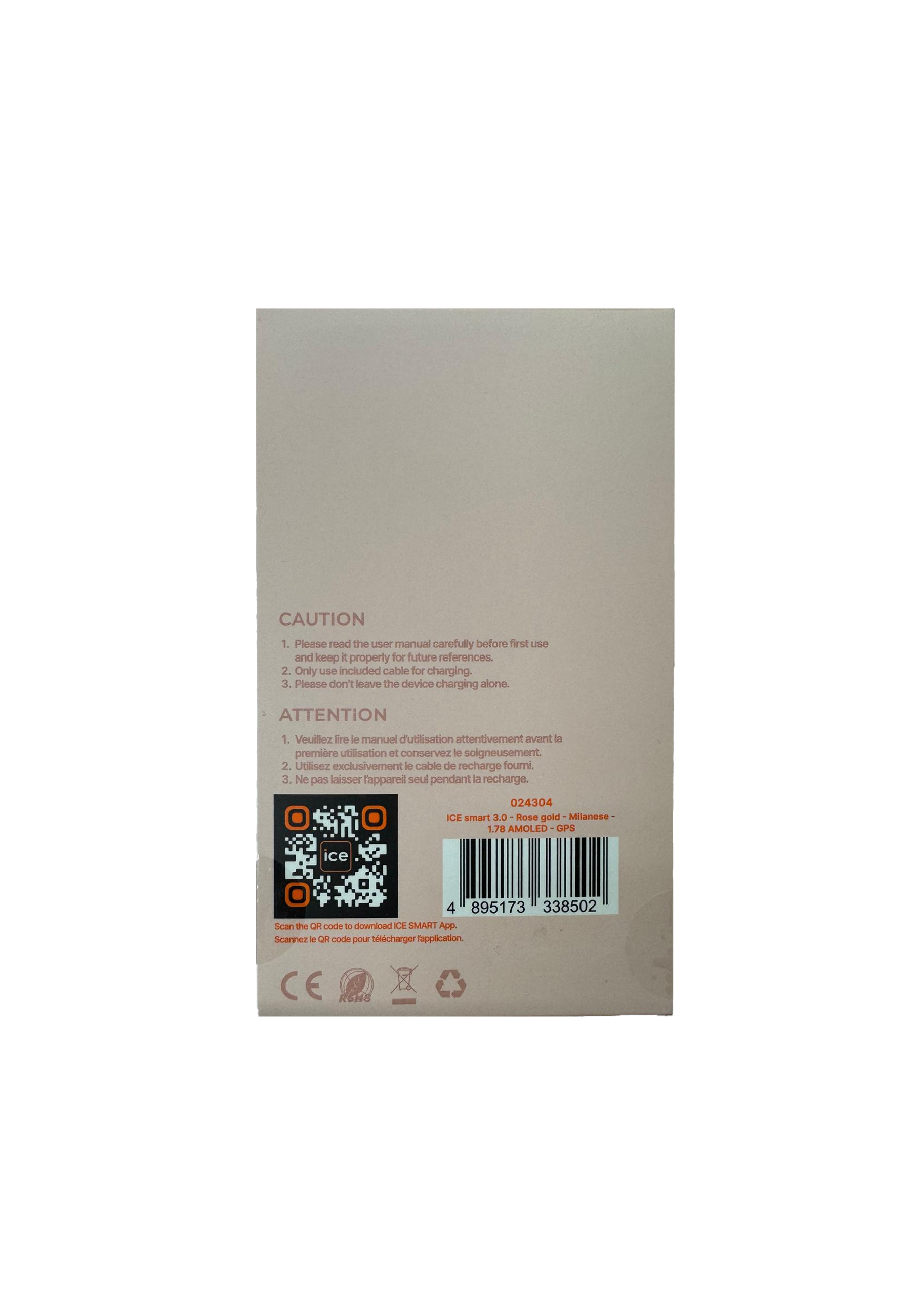 Eine Smartwatch-Box mit QR-Code und Vorsichtshinweisen auf der Rückseite.