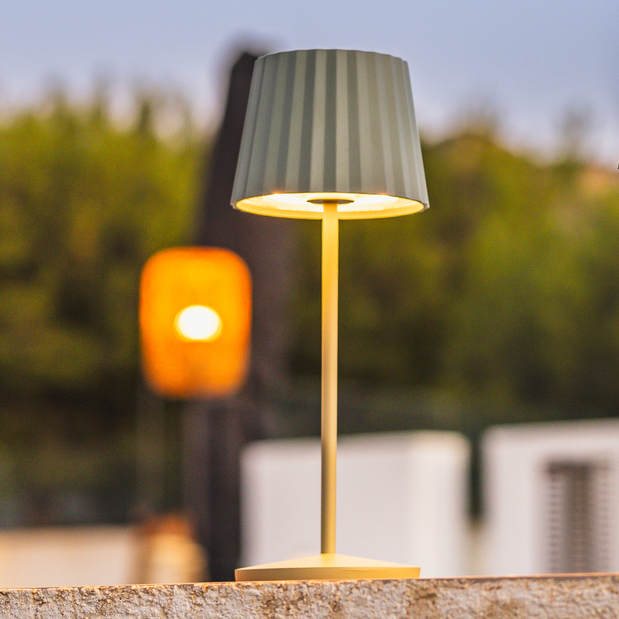 Eine Lampe mit grünem Lampenschirm und Lichtständer. Der Hintergrund hat verschwommene Bäume.
