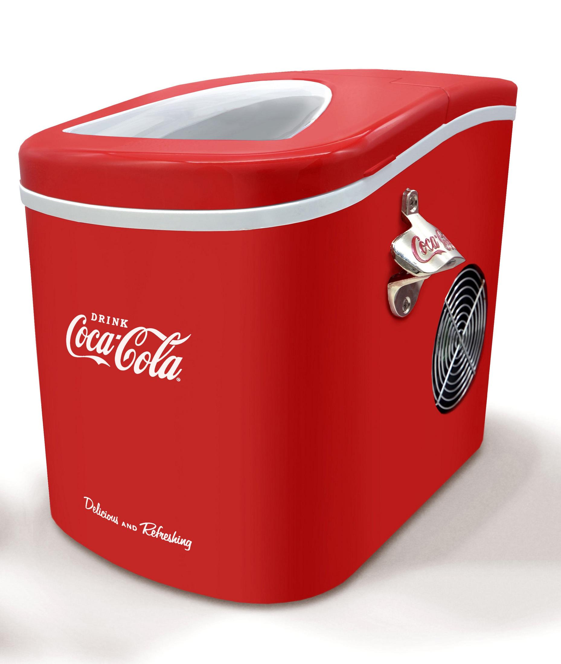 Macchina per il ghiaccio Coca-Cola rossa. Ha una parte superiore bianca e un apribottiglie.