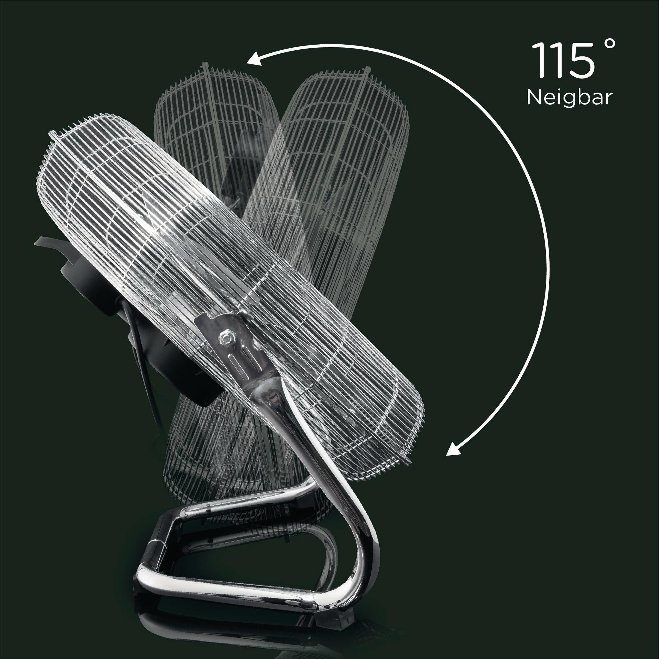 Silberner Ventilator mit 115-Grad-Neigung. Dunkler Hintergrund.
