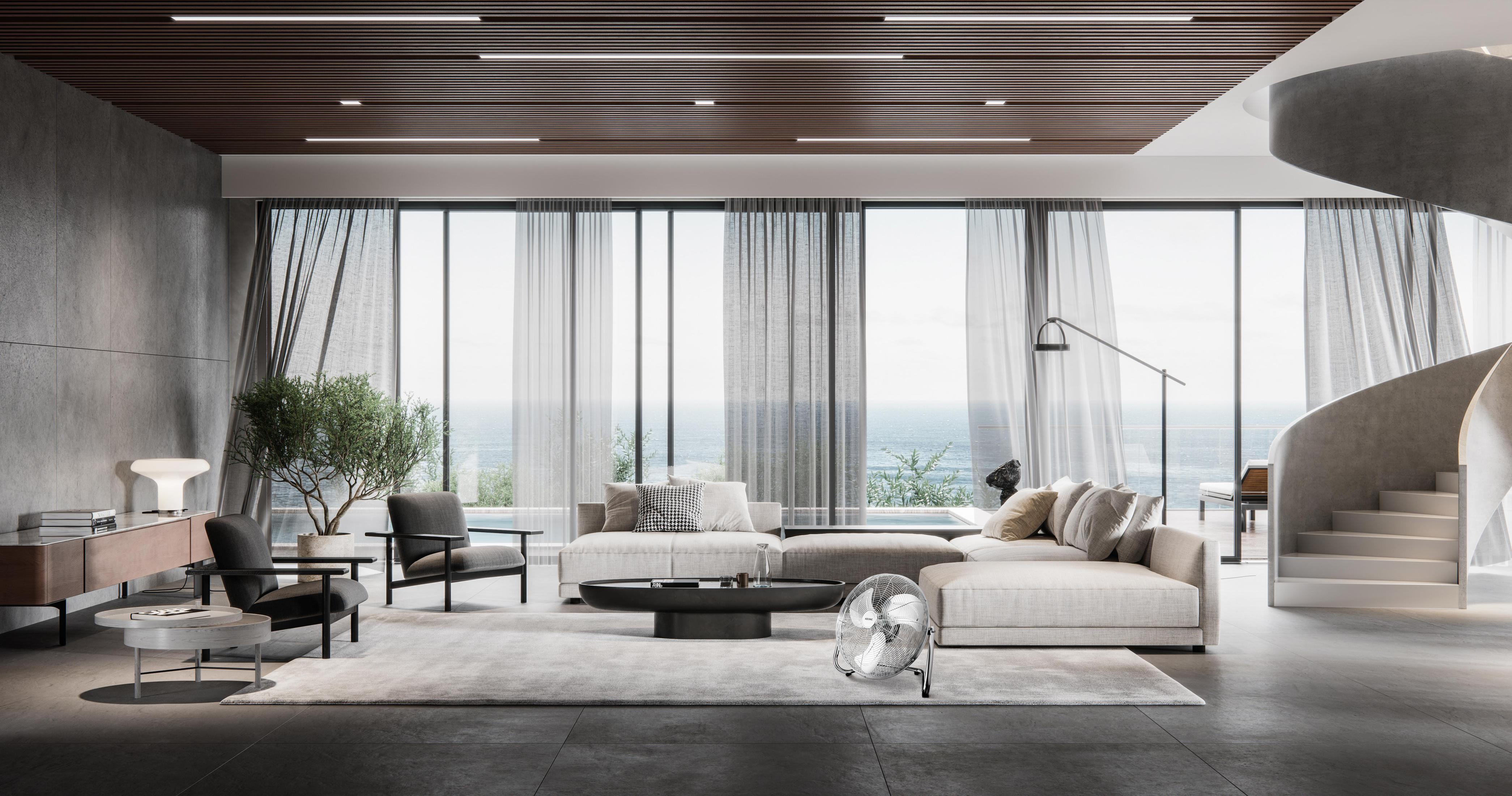 Modernes Wohnzimmer mit großen Fenstern mit Meerblick, Sofa und stilvollen Möbeln.