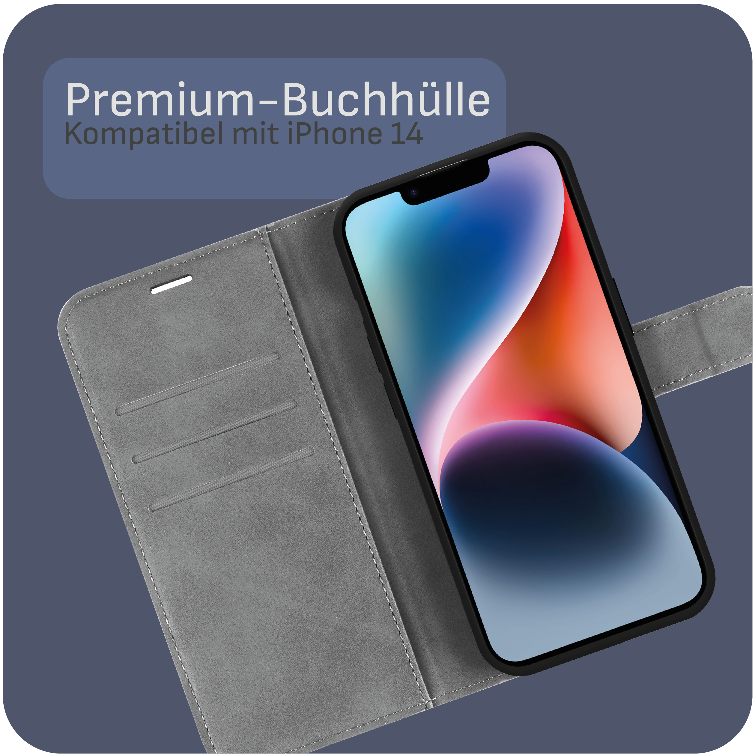 Ein Telefon wird in einer Hülle auf blauem Hintergrund angezeigt. Die Hülle ist grau, offen und hat Kartenfächer.