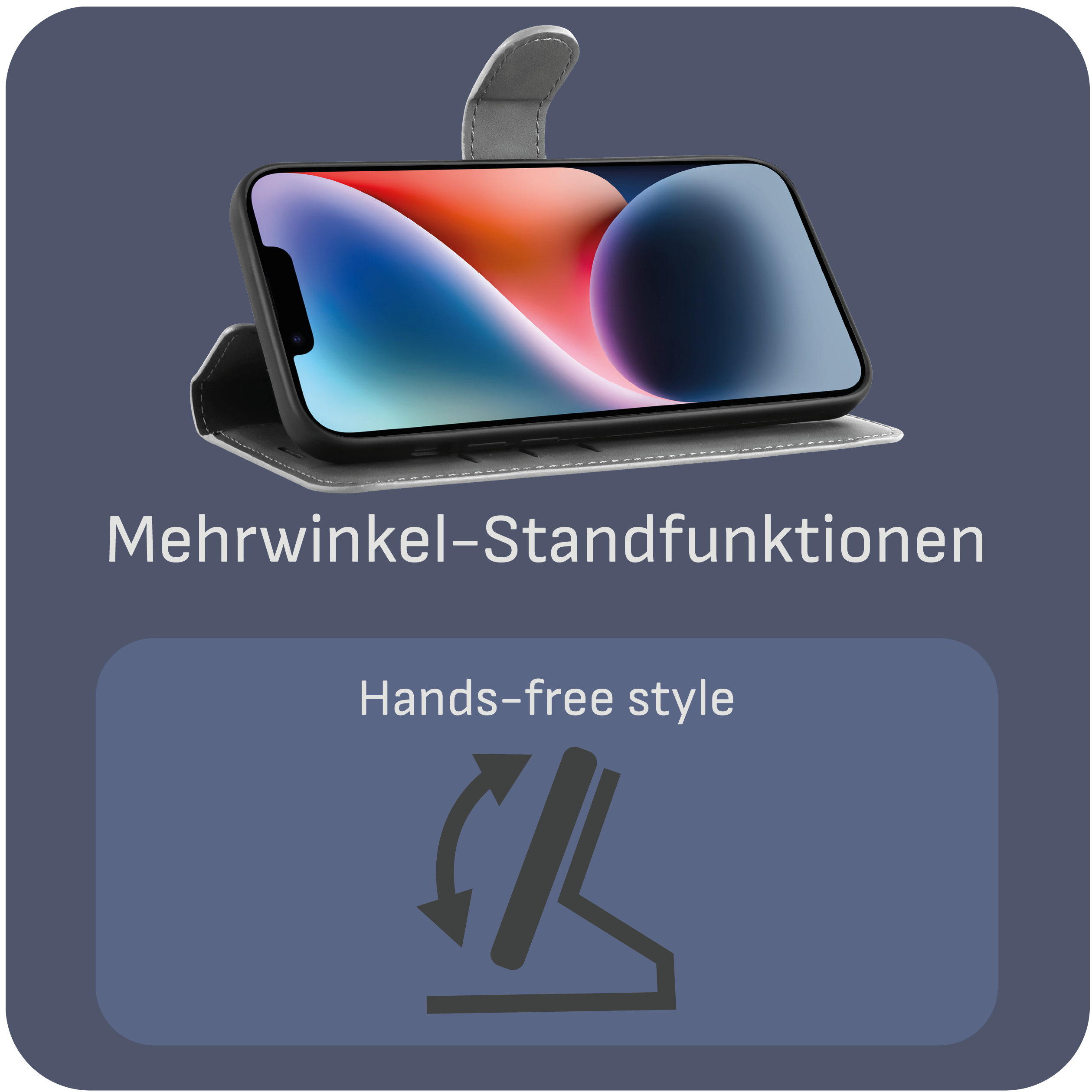 Ein Telefon in einer Hülle wird auf blauem Hintergrund angezeigt. Die Hülle ist offen und zeigt das Telefon aufrecht.