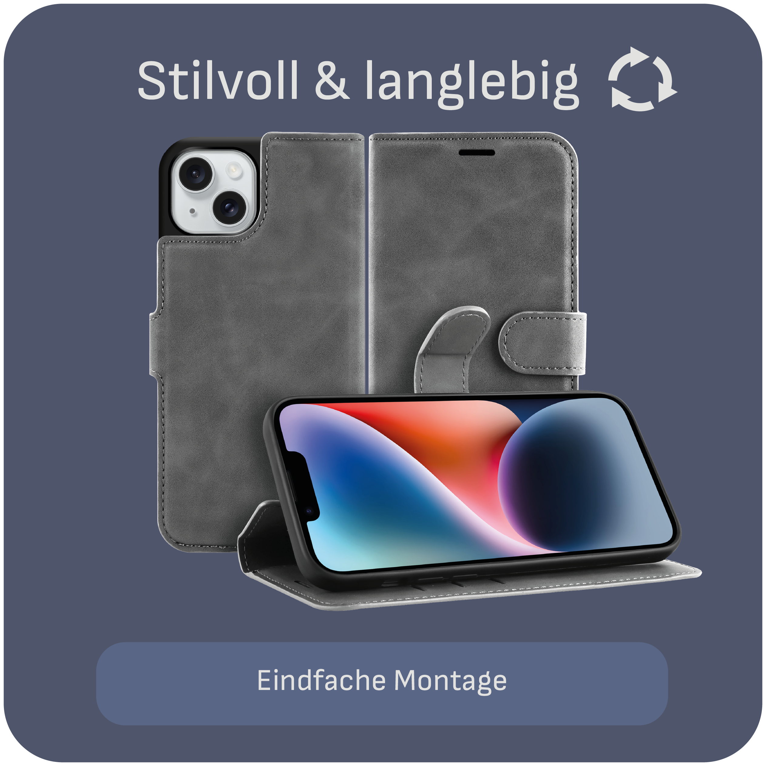 Eine graue Handyhülle hält ein Telefon. Es befindet sich auf einem dunkelgrauen Hintergrund.