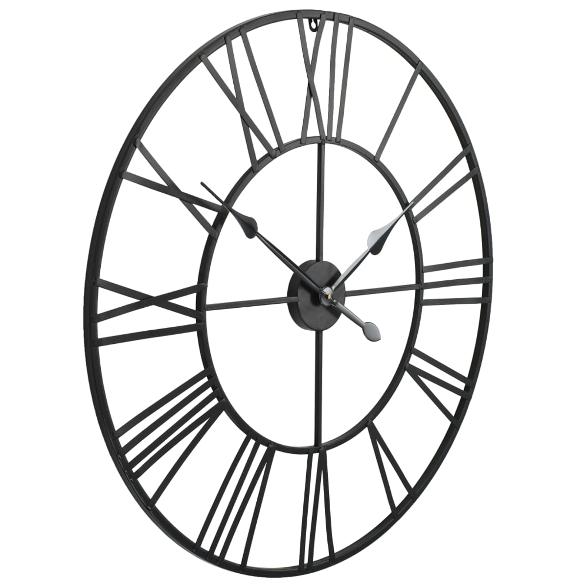 Schwarze Metallwanduhr mit römischen Ziffern.