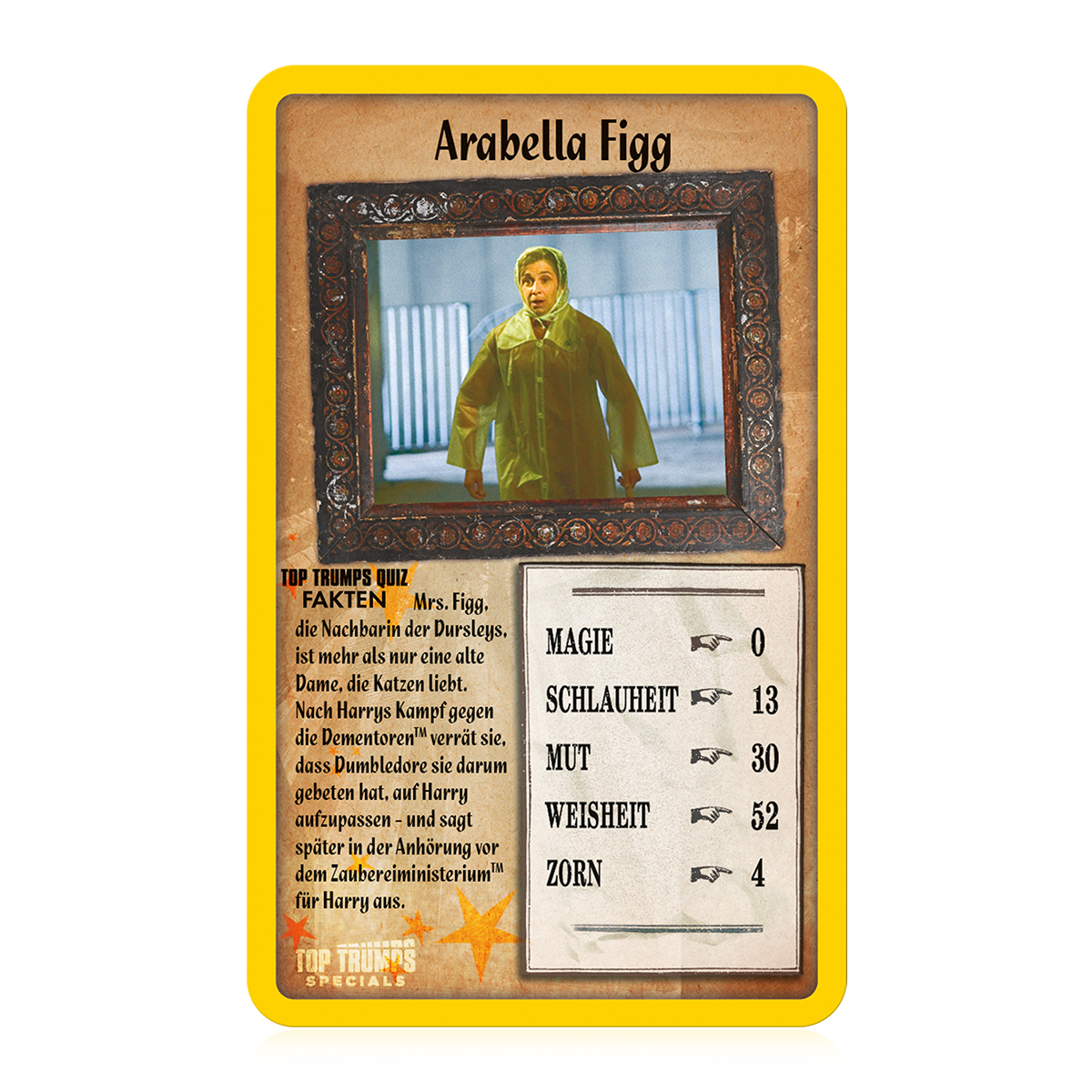 Eine Sammelkarte mit einem Bild von Arabella Figg und ihren Werten. Die Karte ist gelb mit schwarzem Rand.