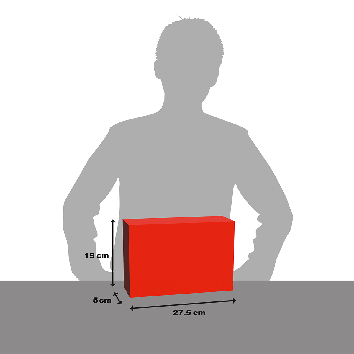 Eine rote Box mit angegebenen Abmessungen neben einer grauen Silhouette einer Person.