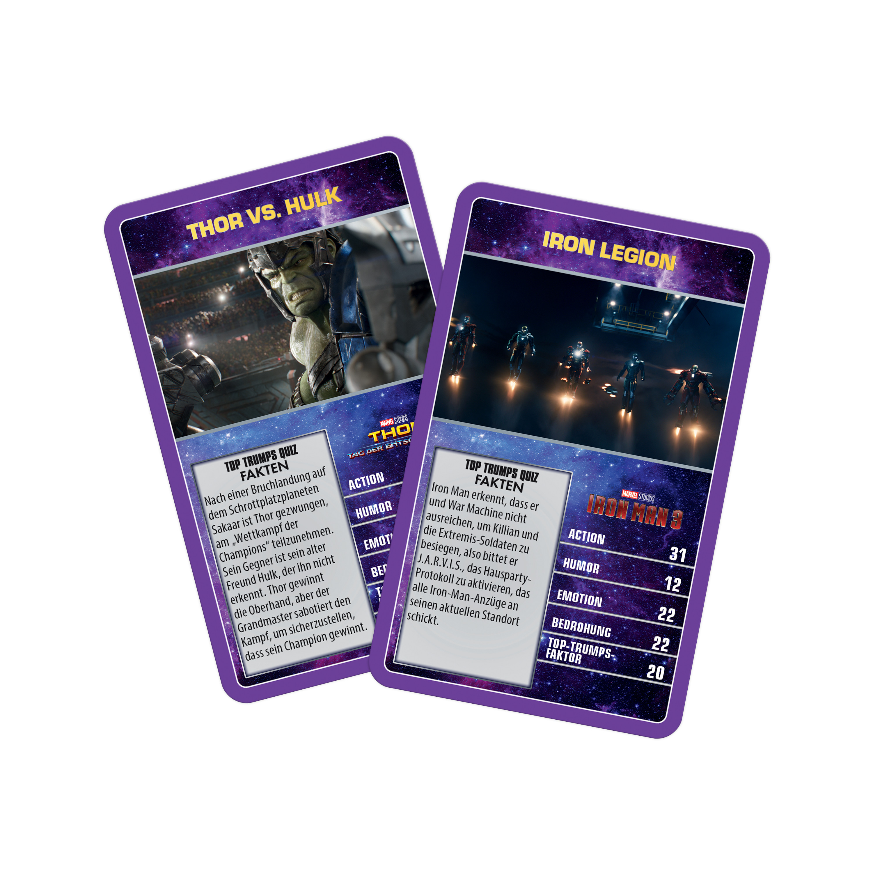 Zwei Marvel Top Trumps Karten: Thor vs. Hulk und Iron Legion. Lila Hintergrund.