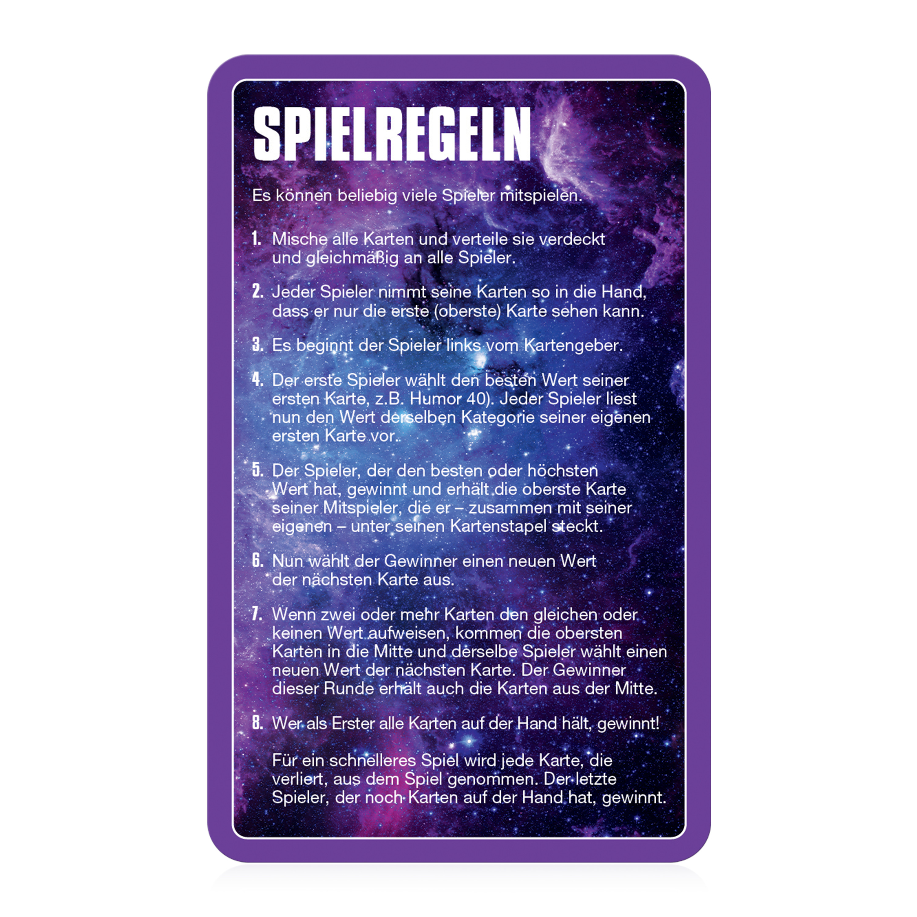 Die Spielregeln sind auf einer lila-weißen Karte geschrieben. Der Hintergrund ist Weltraum.