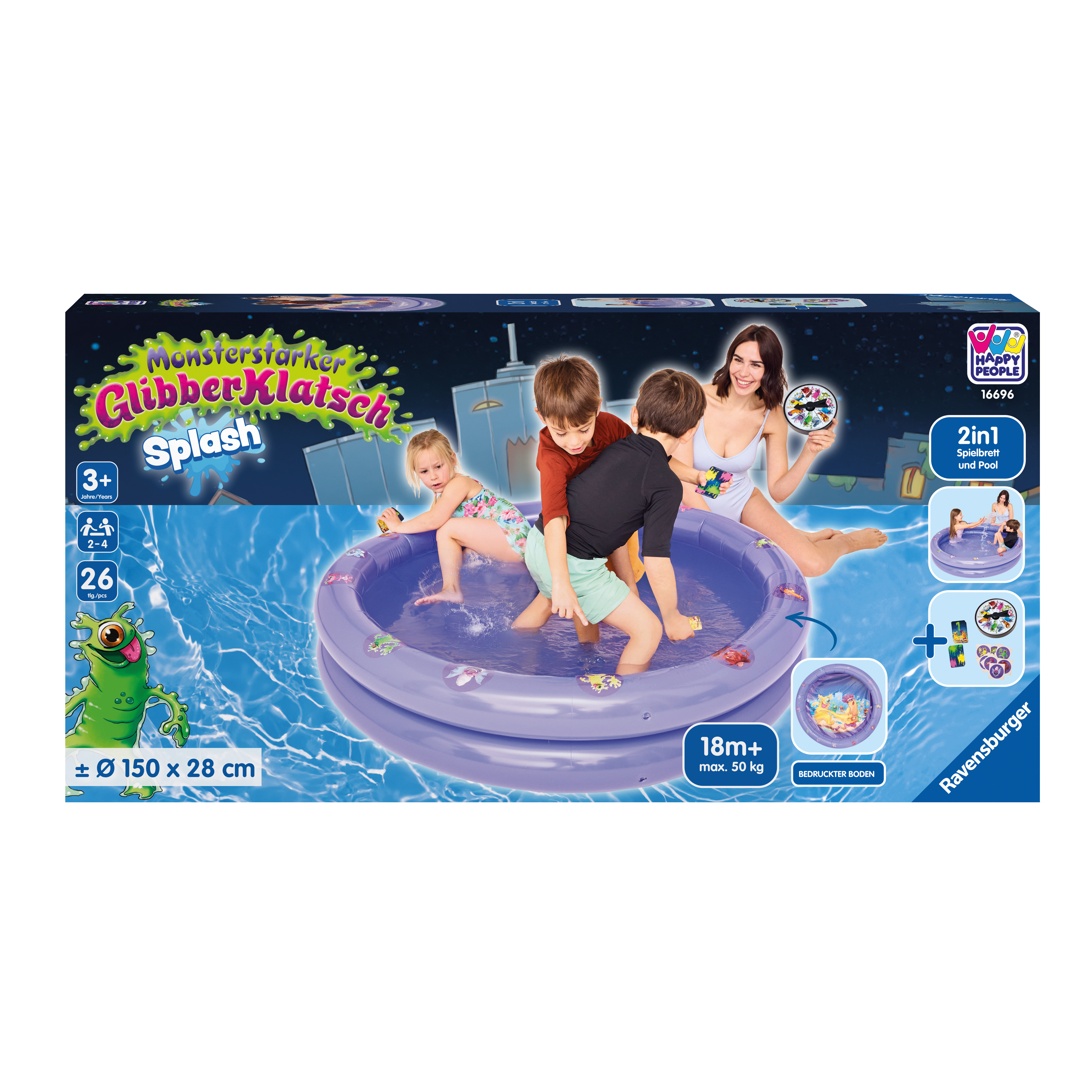 Box zeigt Kinder, die in einem lila Pool mit Dekorationen spielen. Frau hält einen Ball. Hintergrund: Himmel und Pool.