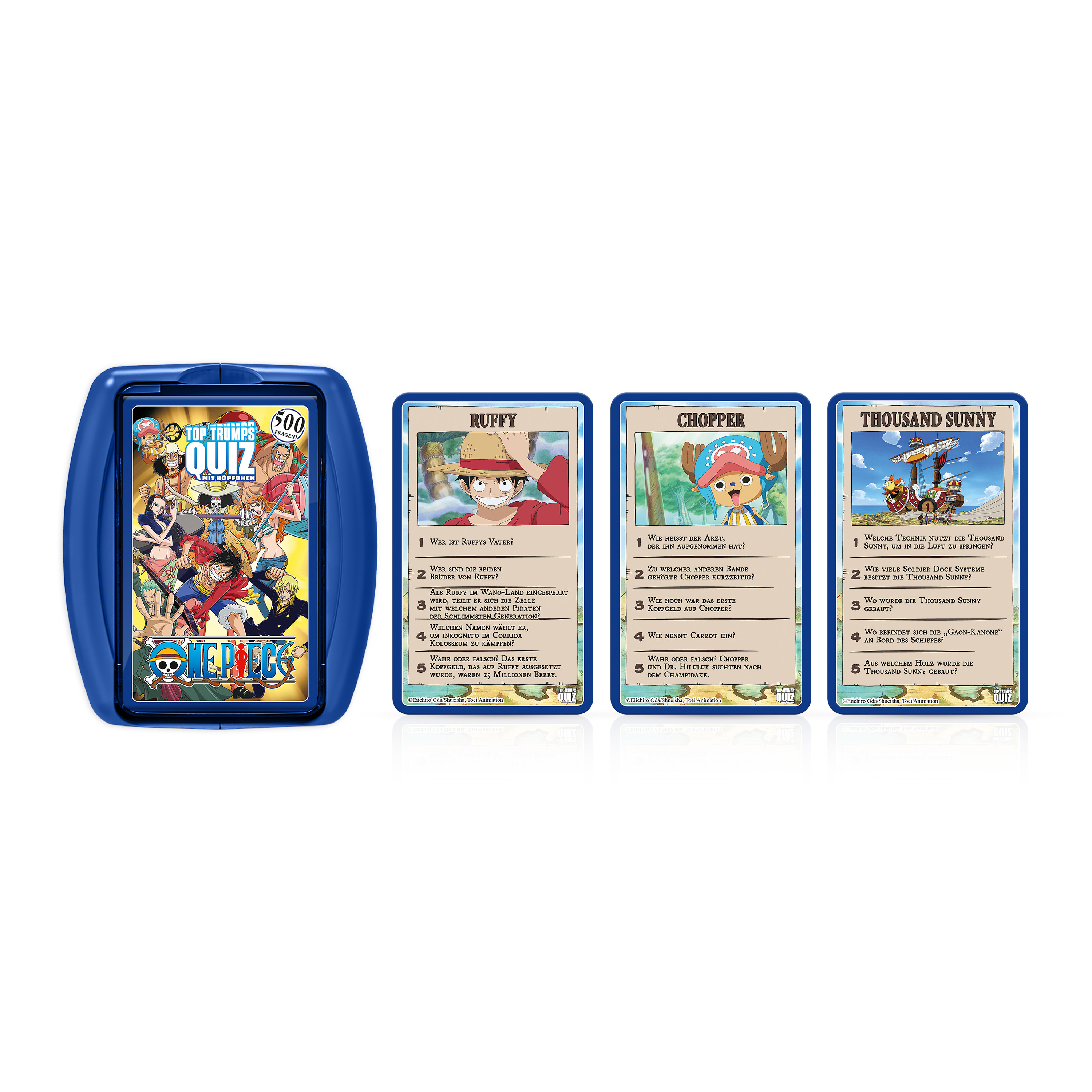 Blaues One Piece Kartenspiel-Box-Set mit Karten. Mit Anime-Charakteren und Spielinfos.