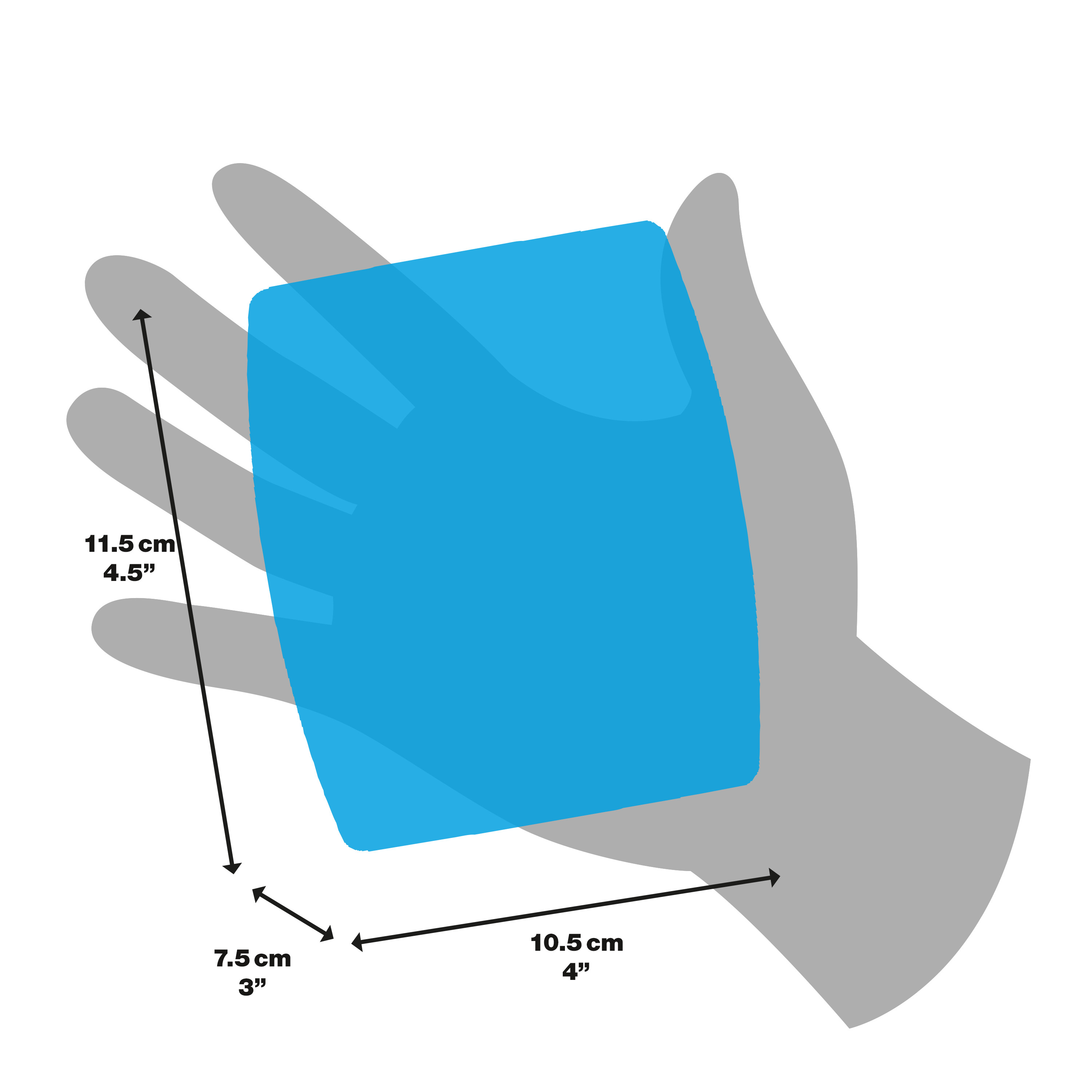 Eine Hand hält ein blaues Quadrat. Die Abmessungen des Quadrats sind beschriftet.
