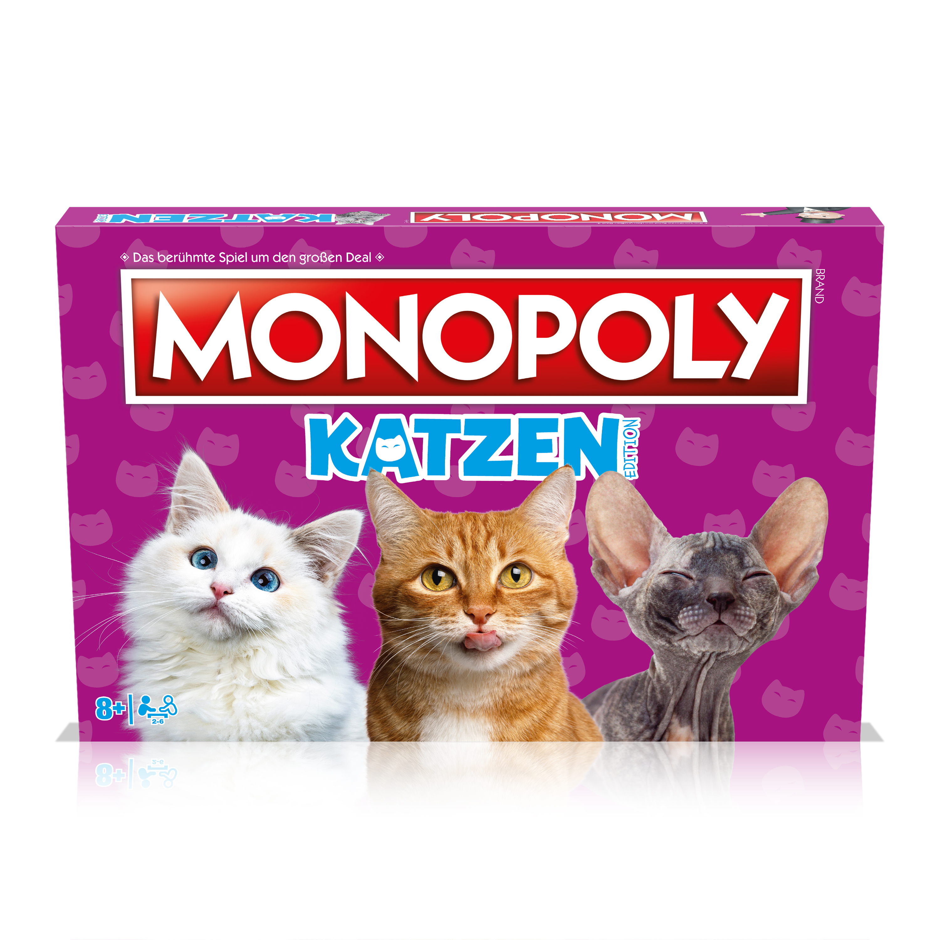 Monopoly Katzen Edition Box. Katzen verschiedener Rassen auf der Vorderseite der Box. Lila Hintergrund.